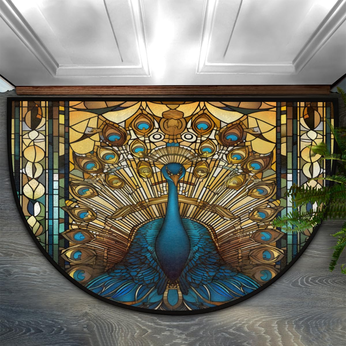 Half Round Door Mat, Ethnic Peacock Non-Slip Half Circle Area Rug Aztec Peacock Doormat Washable Durable Home Decor Half Moon Rug for Floor Indoor Outdoor Living Room Bedroom Kitchen Patio