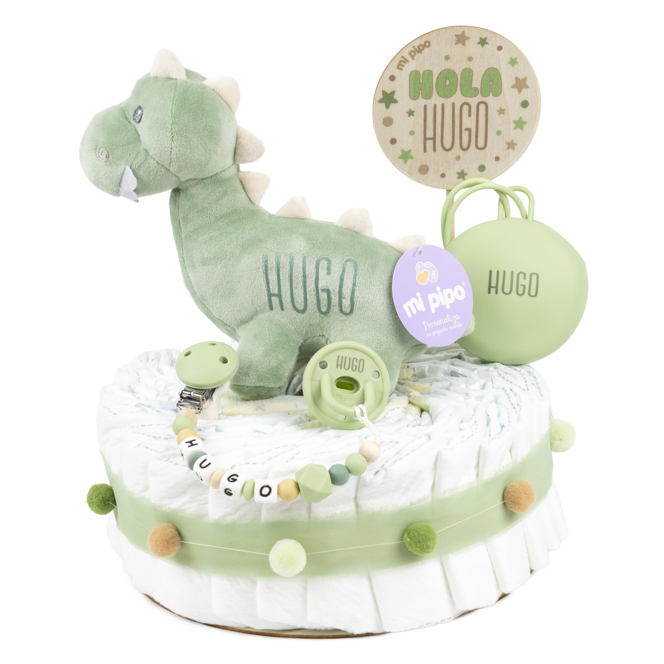 Tarta de Pañales Personalizada con Muñeco - Dinosaurio Verde | 28 Pañales de Talla 2 | Regalo Bebé Recién Nacido con Accesorios para Bebé | Baby Shower Unisex