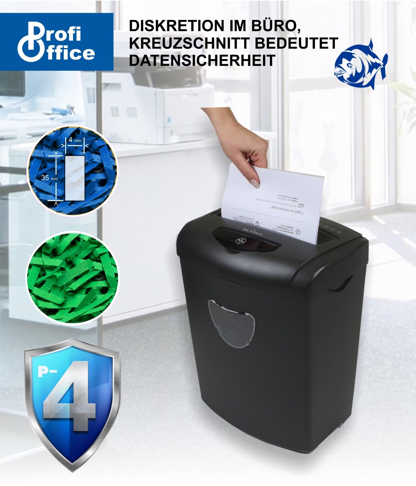 Niszczarka do dokumentów Premium Home Office ProfiOffice Piranha 10CD – cięcie krzyżowe 10 arkuszy jednocześnie, poziom bezpieczeństwa zgodny z P4 RODO, niszczy płyty CD i karty kredytowe w dodatkowym