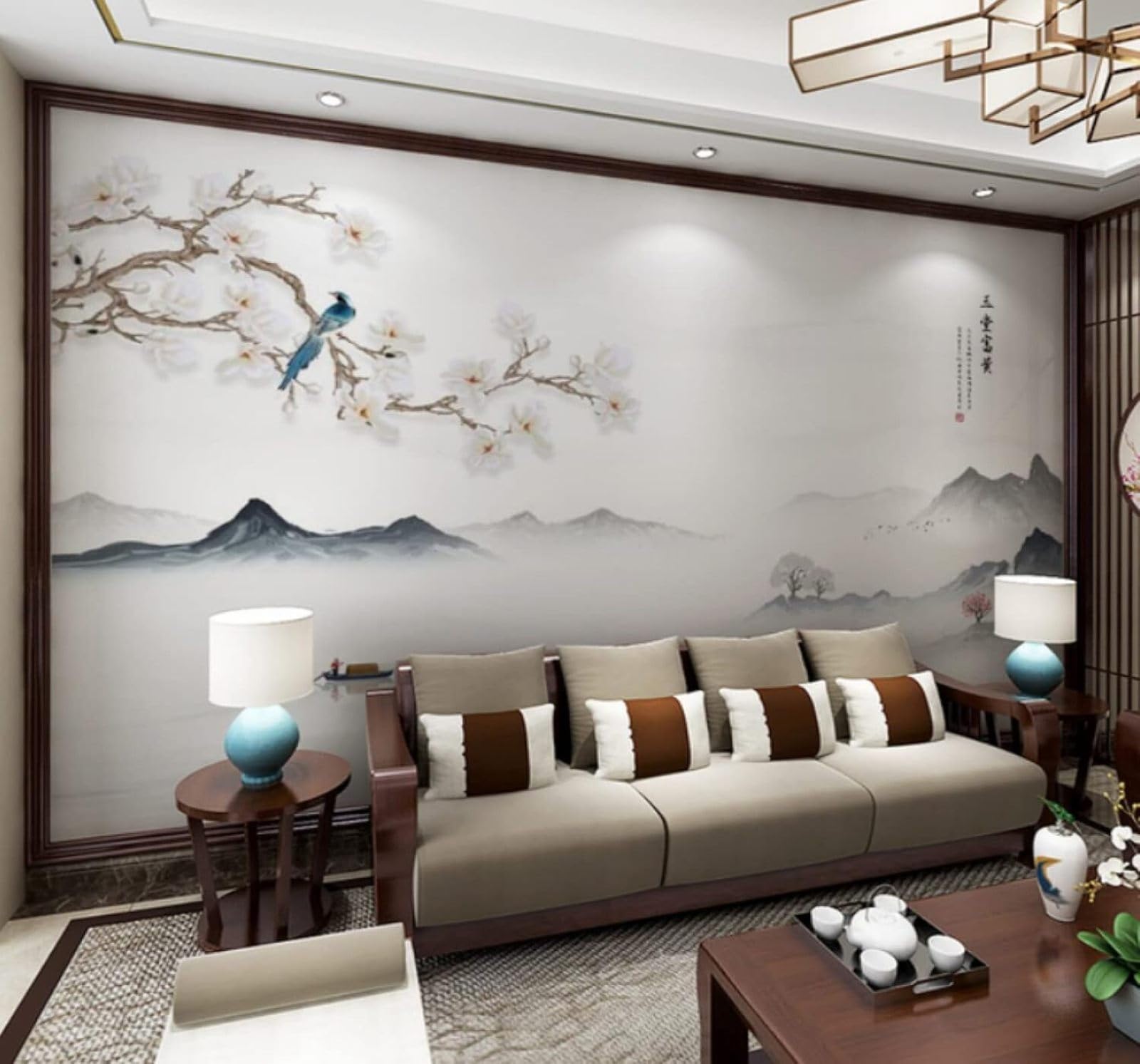 Xlming 200Cm×140Cm(B×H) Hand Painted Ink Wash Landscape Flowers And Birds Artistic Atmosphere 3D Wallpaper Luxury Home Dining Decor Paste Sofa Living Room The Wall For Bedroom Mural-200Cm×140Cm
