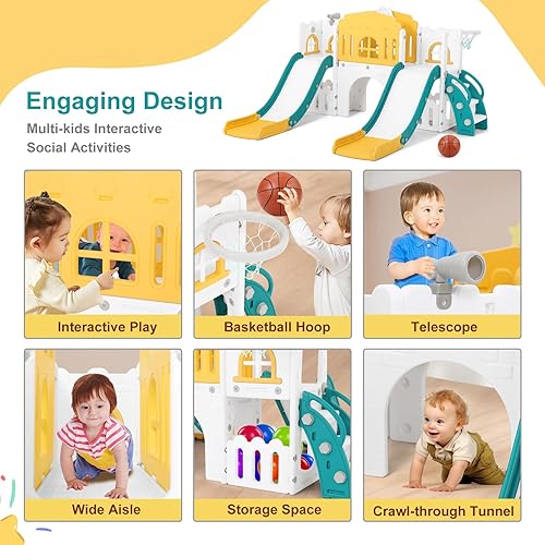 Miniatura 3 de JOYLDIAS Tobogán 9 en 1, parque infantil con toboganes dobles, escalador, aro de baloncesto, túnel, telescopio, espacio de almacenamiento y escalón