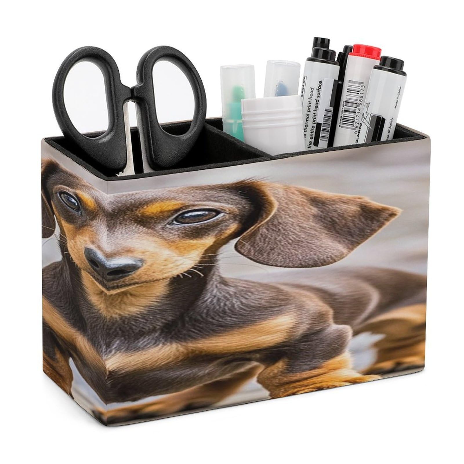 LZQPOEAS Pad Dachshund Leather Pen Holder with 2 Compartments Luxury Pencil Holder Minimalist Pencil Cup Brush Scissor Holders Elegant Pen Cup for Office Home Desk Accessories
