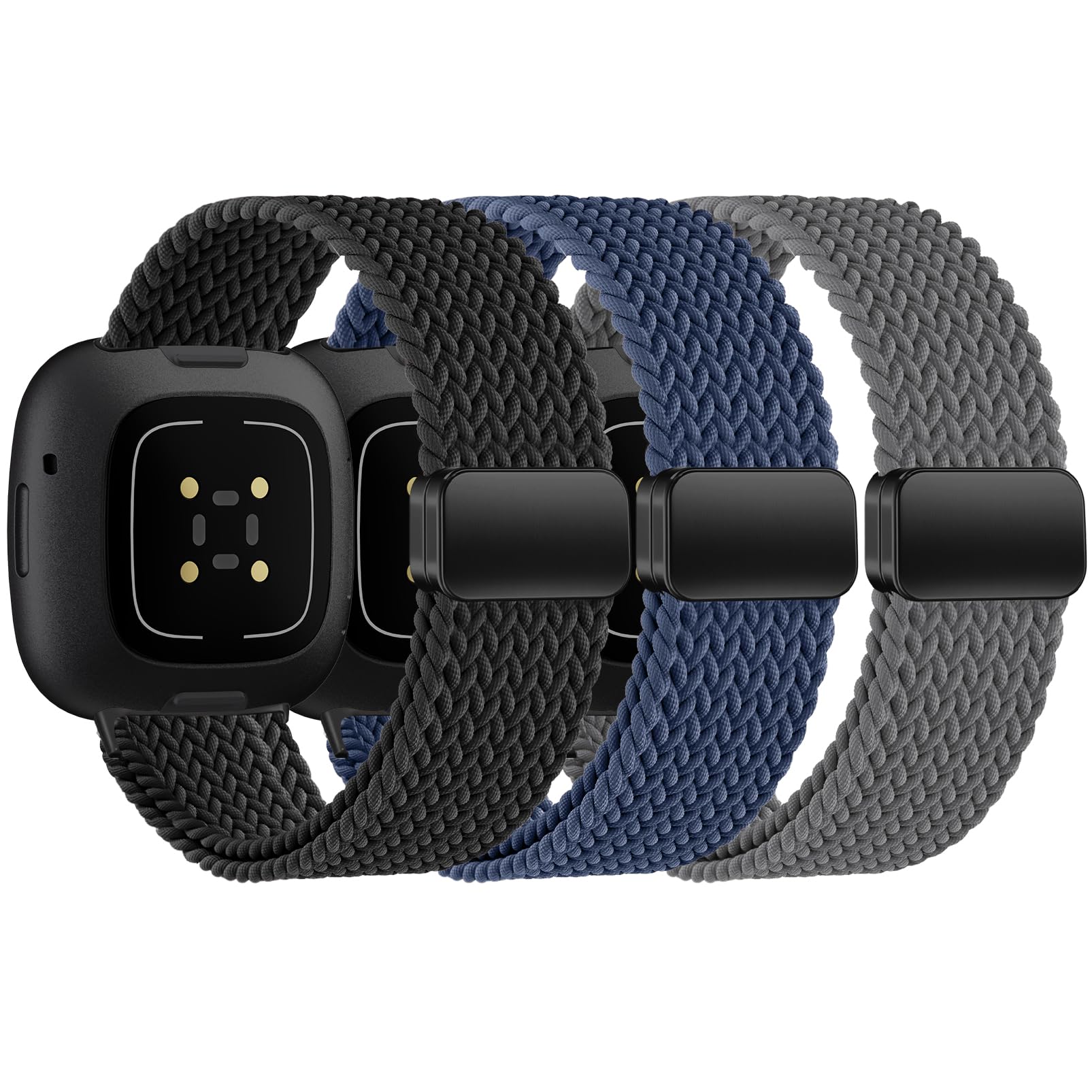 HSWAI Magnetic Braided Compatible with Fitbit Versa 4 Bands for Women/Versa 3/Sense/Sense 2 Bands, Soft Stretchy Sport Strap Woven Loop Elastic Nylon Wristbands Men