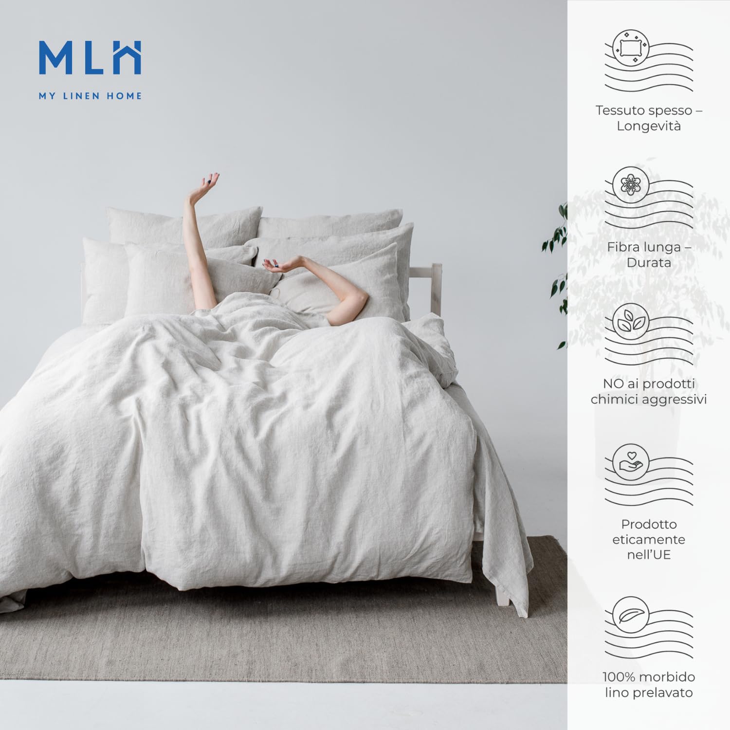 My Linen Home Copripiumino in Lino Lavato (100% Stonewashed) Piumino matrimoniale 200x200 cm, Naturale I Ipoallergenico, Termoregolazione e Traspirazione I Lavabile in lavatrice