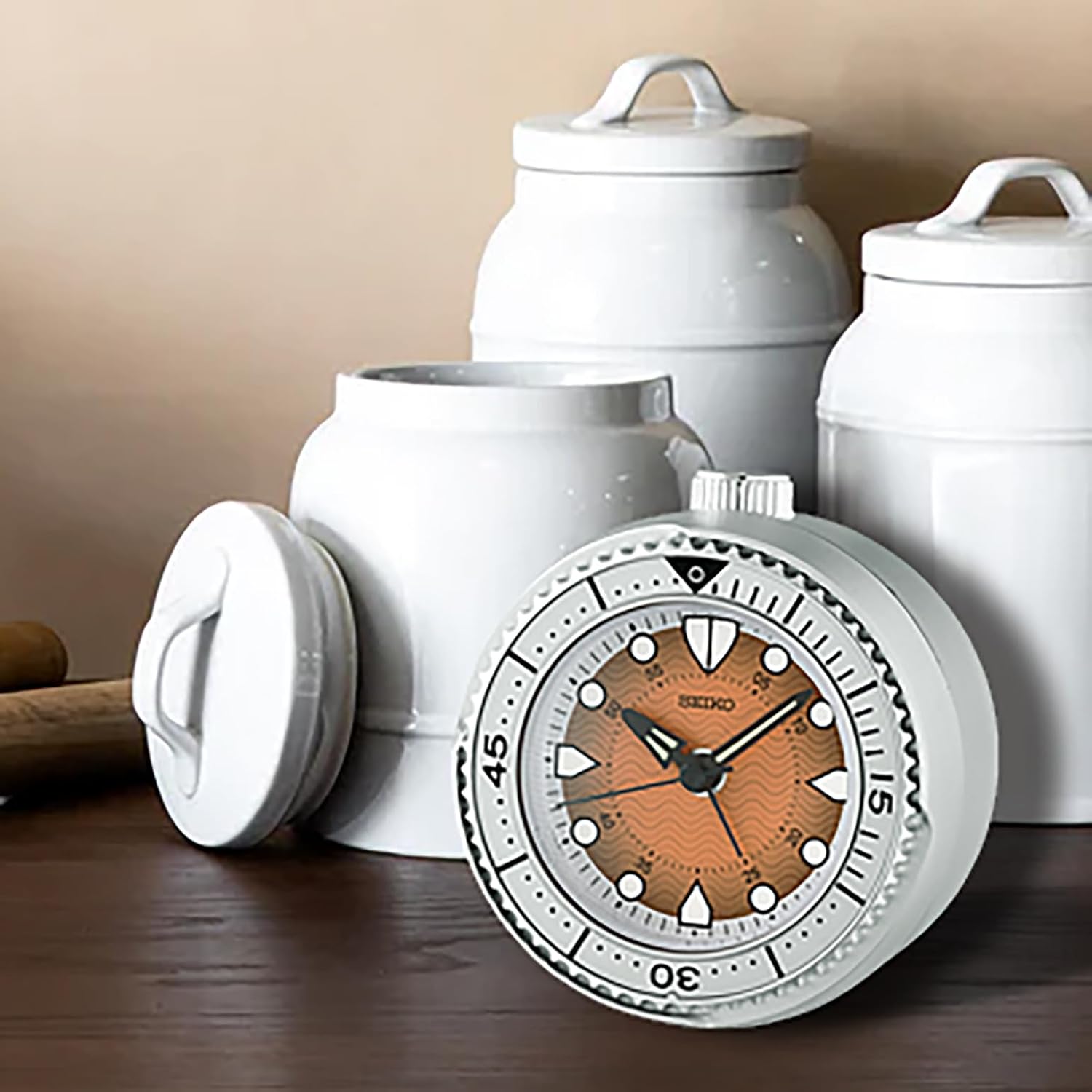 SEIKO QHE207TLH Watch Face Non Ticking Bedroom Alarm Clock, Orange & Silver, 4 x 3.8 Inches