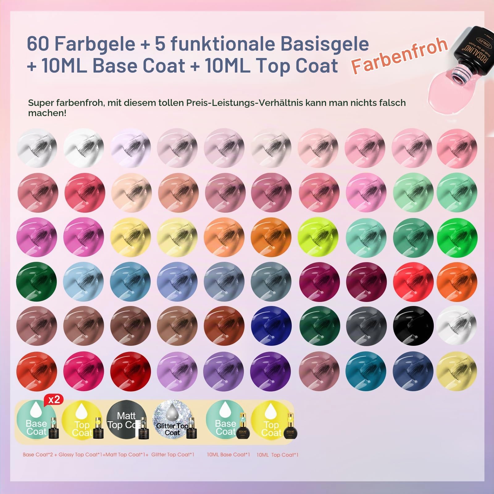 ROSALIND UV Nagellack Set mit UV Lampe, 60+5 Stück Gelnägel Starterset Rosa Blau Grün Lila Rot Schwarz Braun Gel Nagellack Gelnägel für Nägel Maniküre Nagelstudio Set