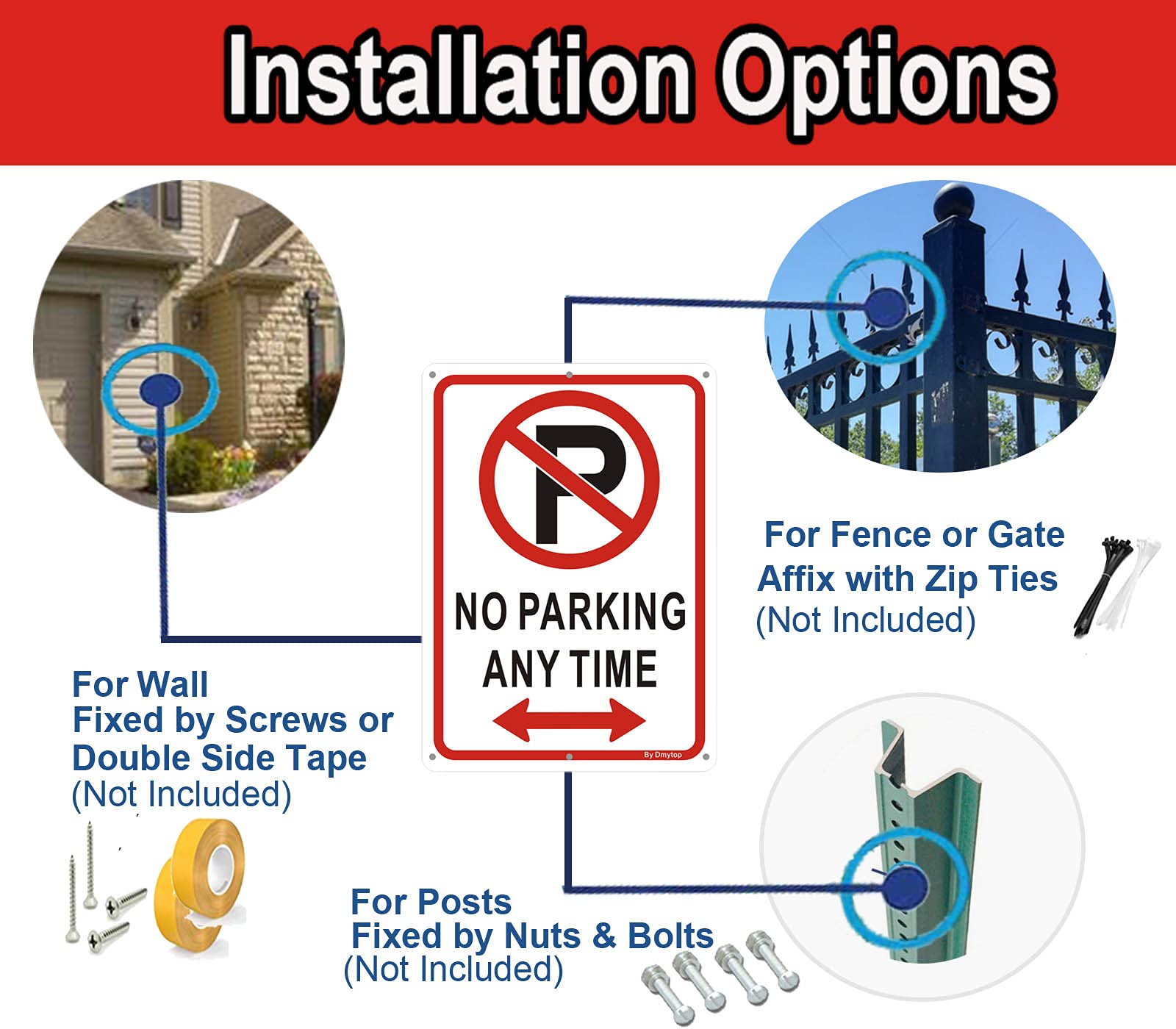 T&R No Parking Anytime Schild – 45,7x30,5 Cm, Reflektierendes Aluminium, Wetterfest, Mit 2 Bohrungen