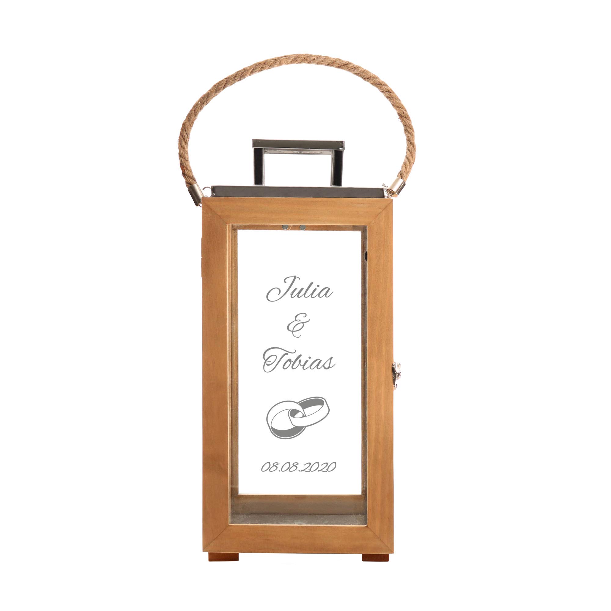 Casa Vivente Romantische Holzlaterne mit Gravur zur Hochzeit, Personalisiert mit Namen, Datum und Ringe, Dekoratives Windlicht als Hochzeitsgeschenk