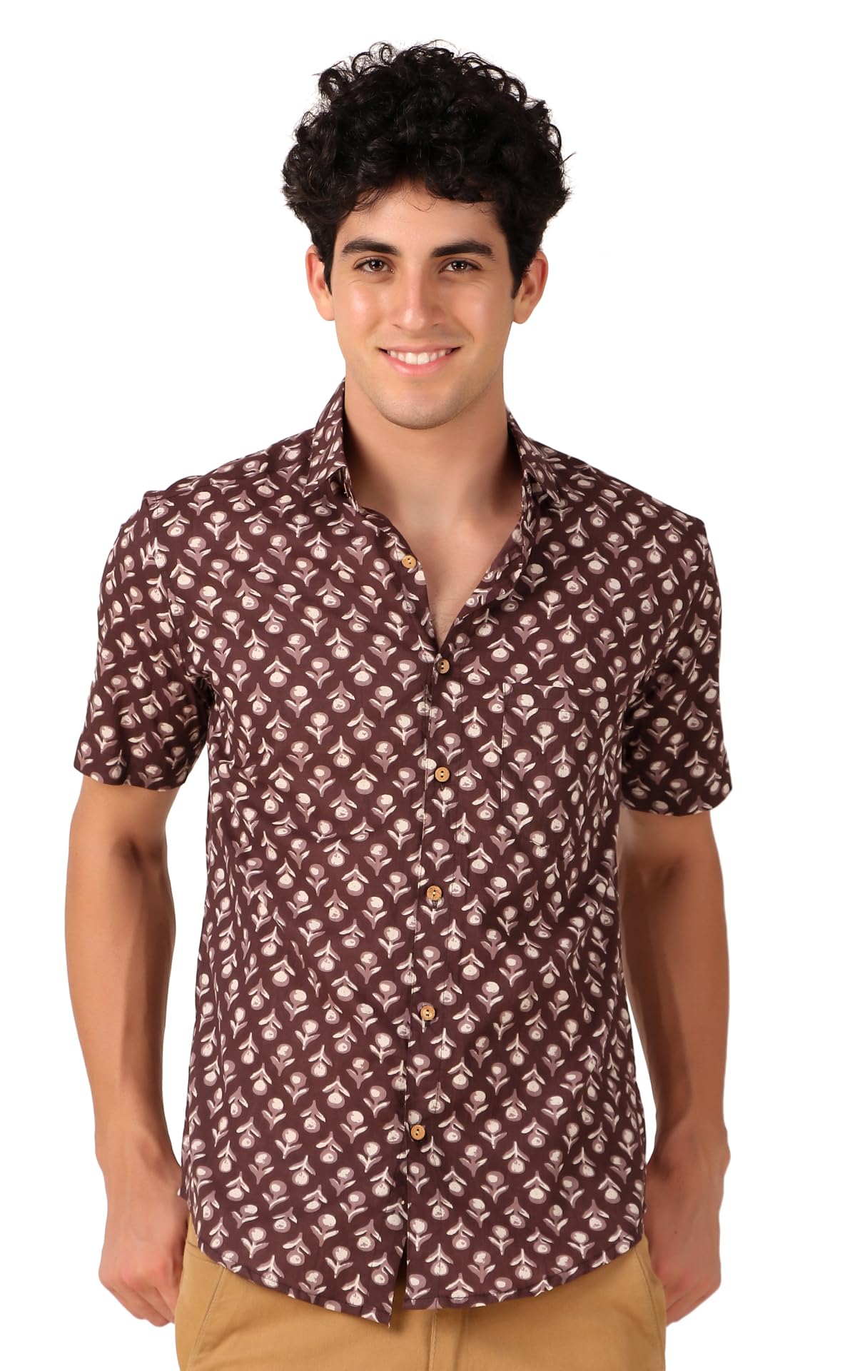 FAADDICTION Men's Cotton Half Sleeves Printed Casual Shirt - Red & Brown