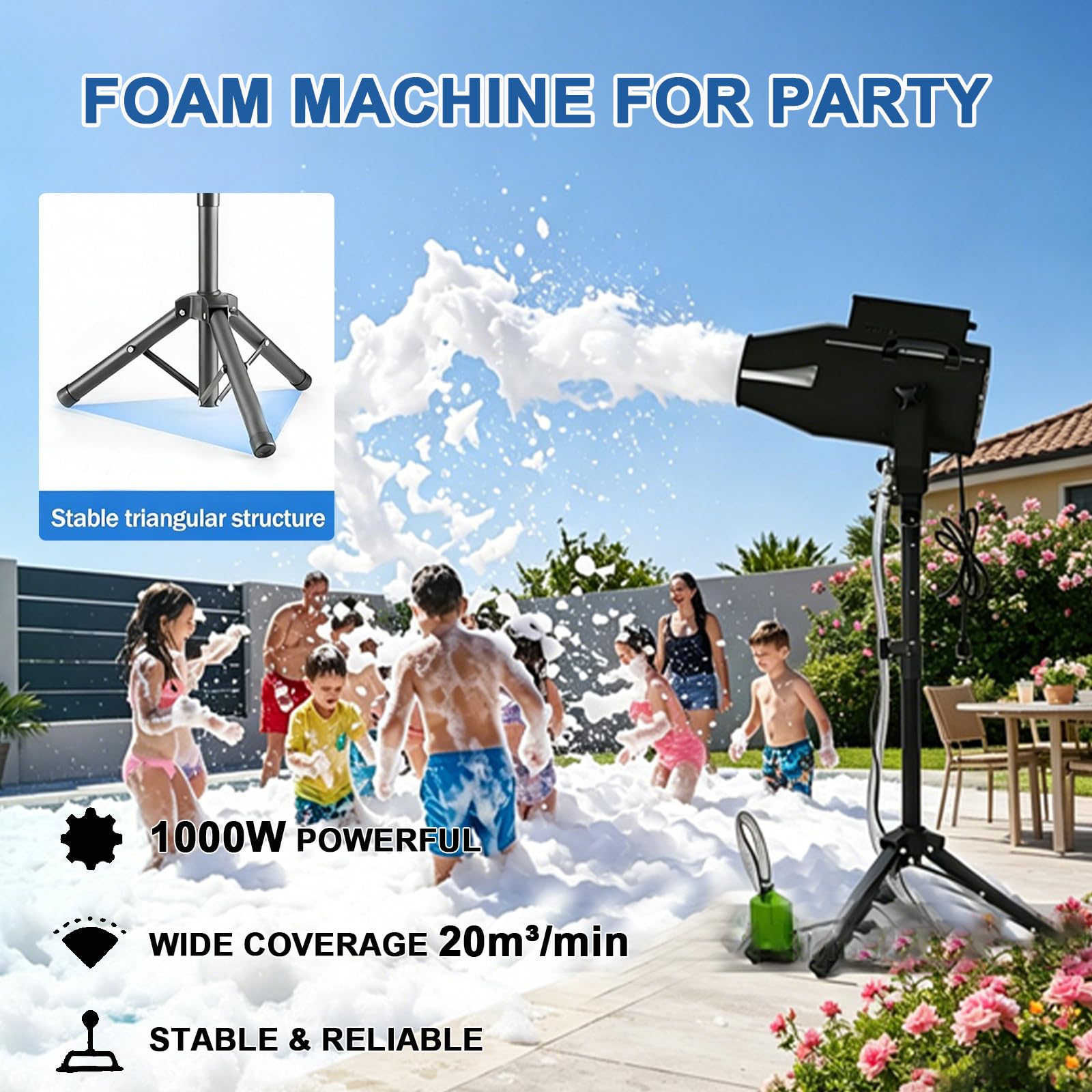 1000W Máquina de Espuma con Efecto de Escenario, con Trípode, ángulo Ajustable, Distancia de 6 a 10 M/área de 80 M², para Fiestas, Eventos, Diversión en la Piscina y Cumpleaños Privados Black