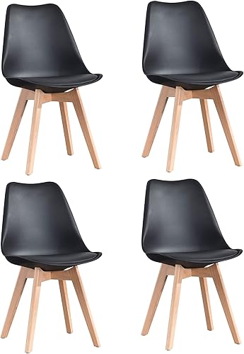 Sillas de comedor retro con respaldo y asiento acolchado suave, patas de madera de haya maciza, estilo contratado, seguras y cómodas, color puro