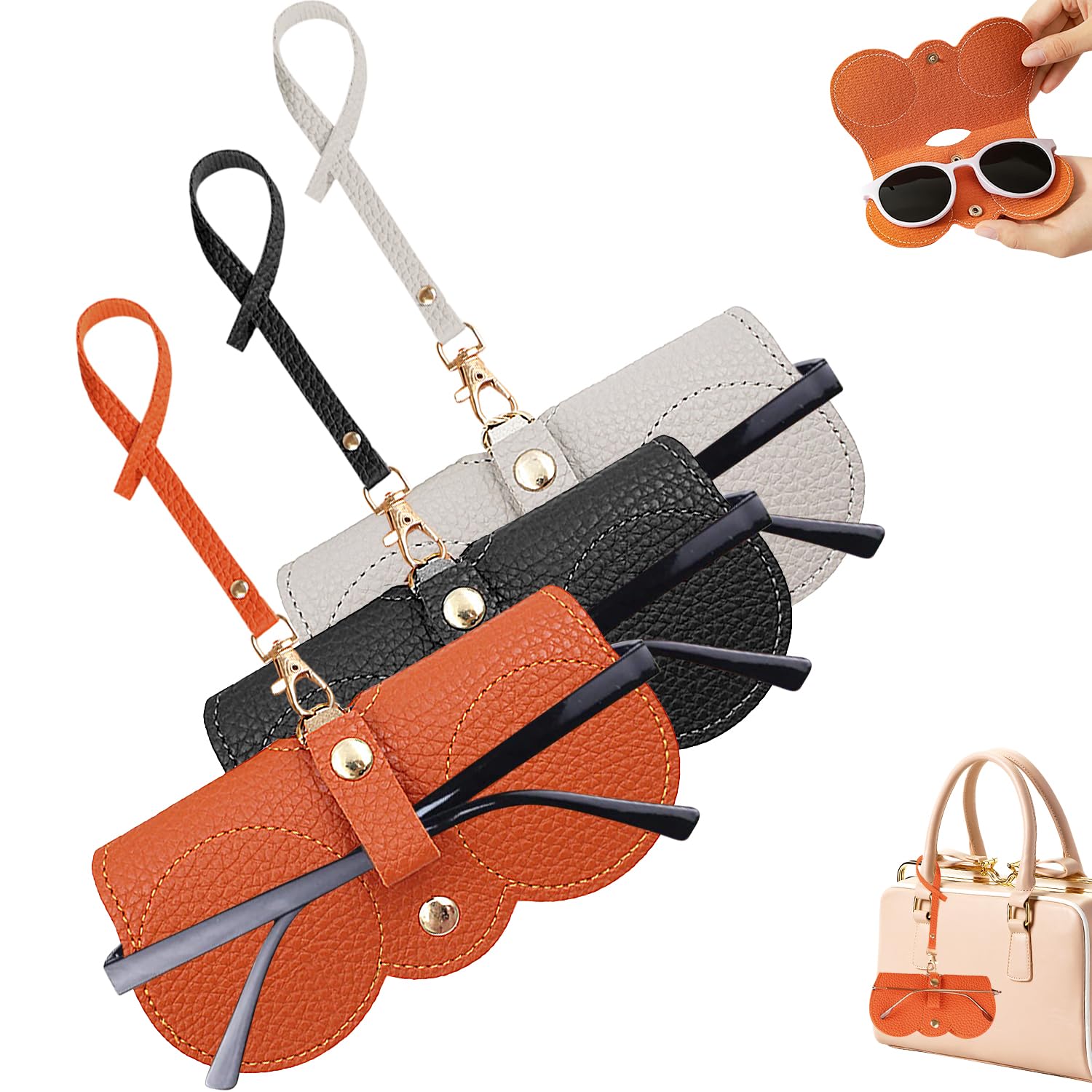 Sunglasses Case,3Pcs Soft Leather Sunglasses Bag Portable Glasses Case Sunglasses Pouch Eyeglass Bags with Lanyard Sunglasses Storage Holder for Women Men, Black+beige+orange, One Size-image-28