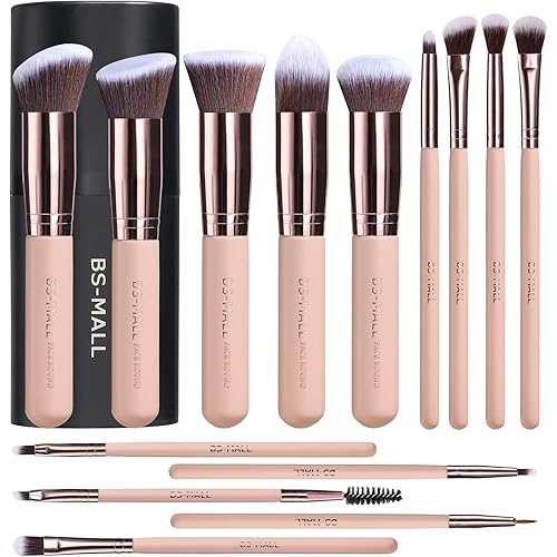 BS-MALL Makeup Brushes Premium Synthetic Foundation Powder Concealers Eye Shadows Makeup 14 Pcs Brush Set, Pink Set, with Case
