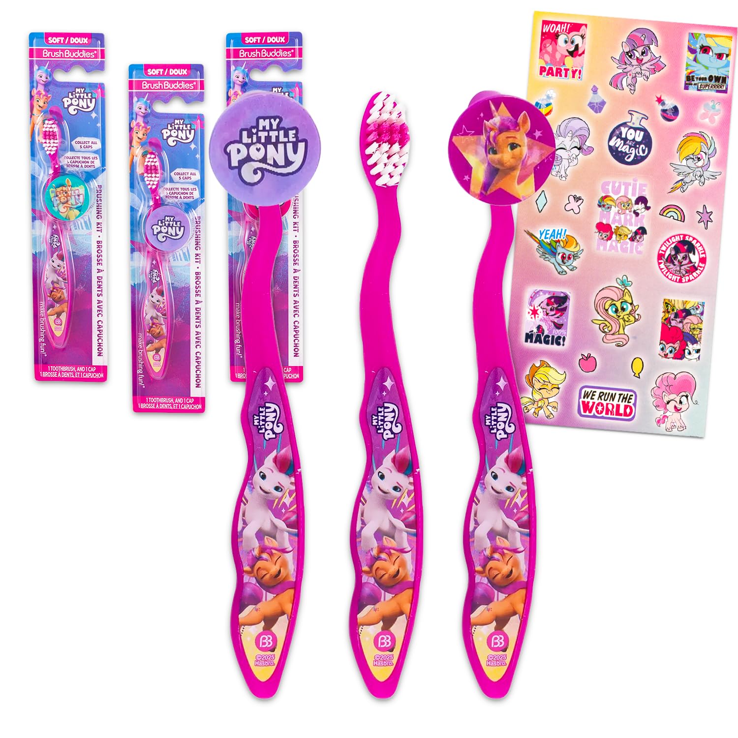 My Little Pony My Little Pony - Set di spazzolini da denti per bambini, con 3 spazzolini da denti MLP con tappi da collezione e adesivi per bambini, ragazze, bambini piccoli