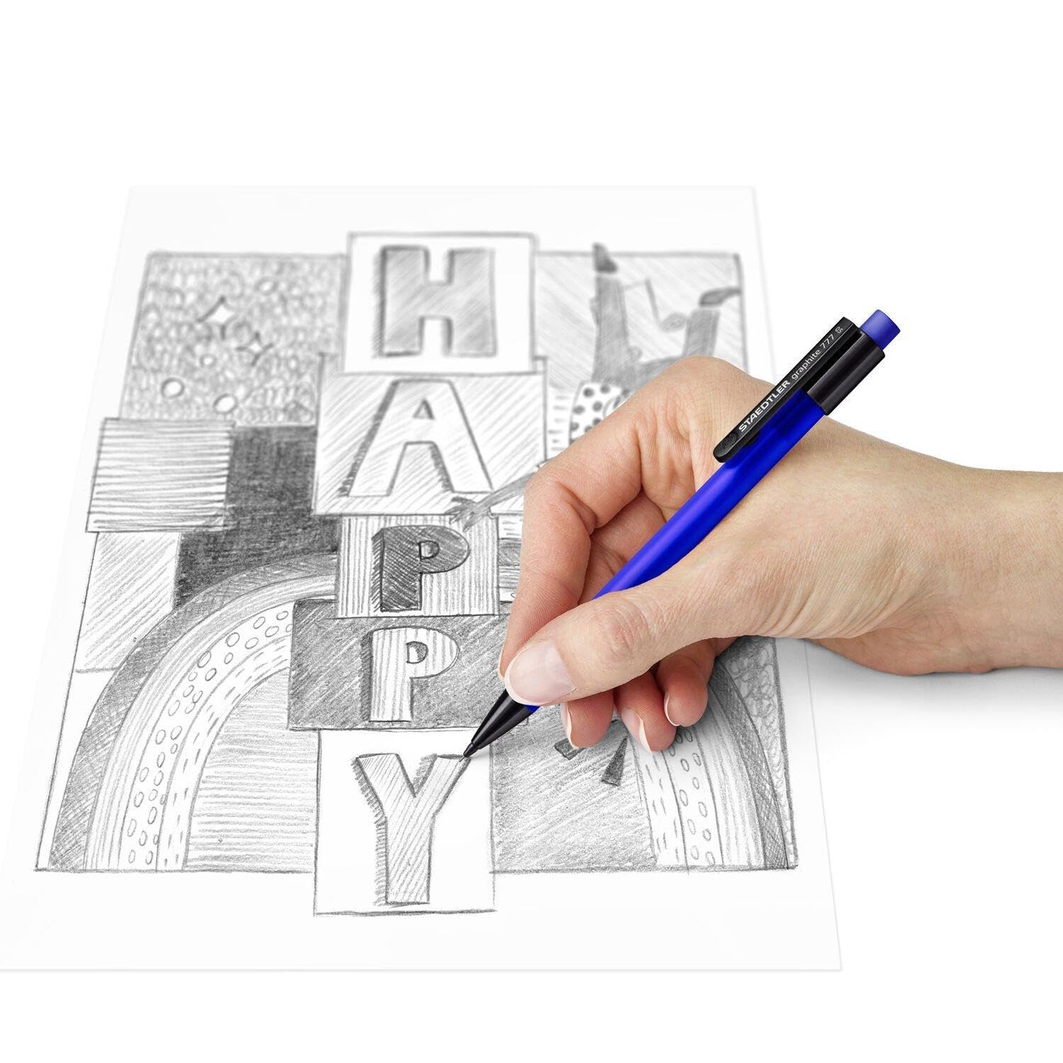 STAEDTLER STAEDTLER 777 07KP50 Druckbleistift graphite gefüllt mit B-Minen, Minendurchmesser 0,7 mm, 3 Schaftfarben (blau/orange/grün), 50 Stück in Köcherpackung | Soft-Touch Oberfläche, extragroßer Radierer – sortierte Schaftfarben, Büro – Art.-Nr. 777 0