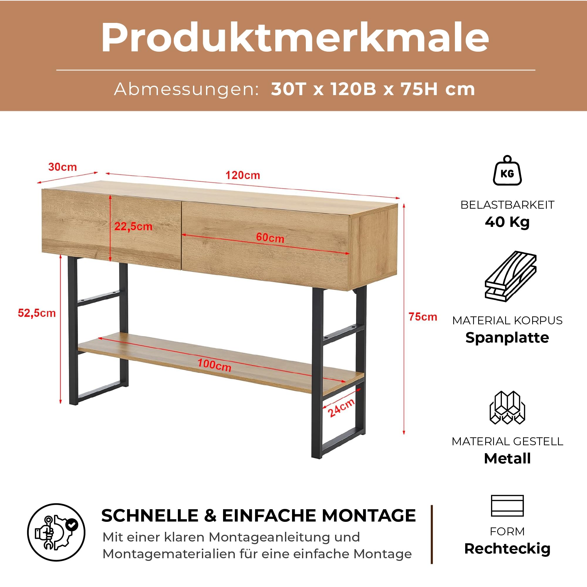 [en.casa] Konsolentisch schmal Varberg Flurtisch mit 2 Schubladen rechteckig Ablagetisch verstellbare Ablage Metallgestell 75 x 120 x 30 cm Eicheoptik
