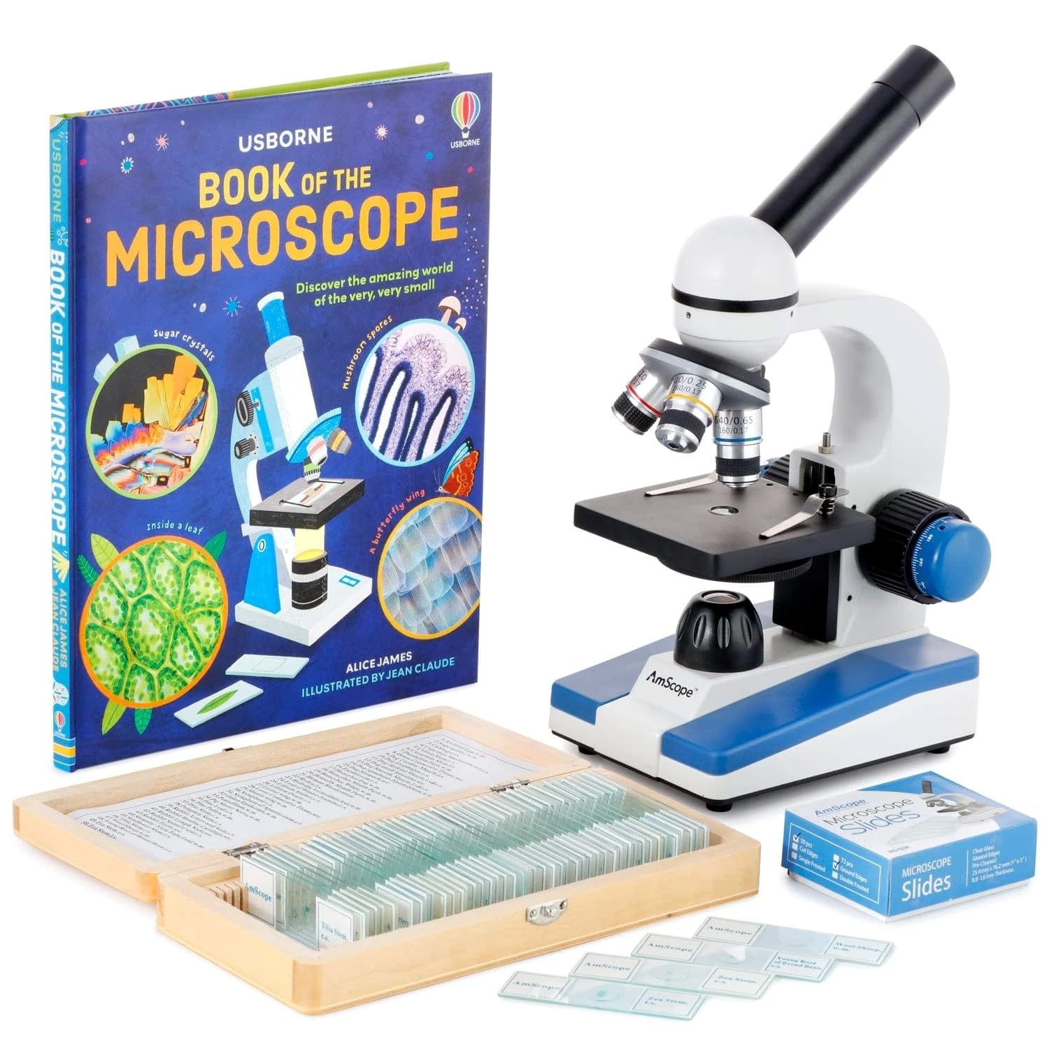 AmScope M150C-50WM-50P100S Compound Monocular Microscope, WF10x and WF25x Eyepieces, 40x-1000x Magnification, LED Illumination, Brightfield, Single-Lens Condenser, Coaxial Coarse and Fine Focus, Plain Stage, 110V, Includes Set of 50 Prepared Slides, 50 Blank Slides, 100 Coverslips, and Book