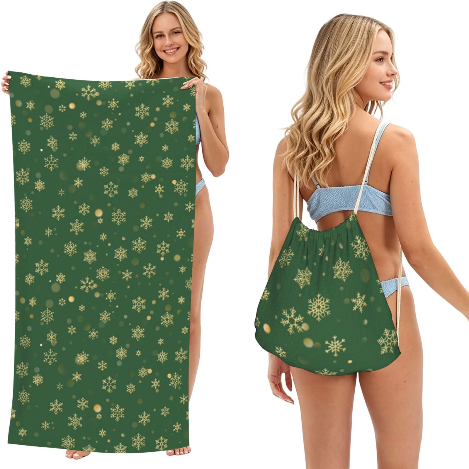 Poadnly As Picture Christmas With Gold Snowflakes, 2 In 1 Packable Towel Bag, Beach Towels With Drawstring Backpack For Travel Holiday Camping