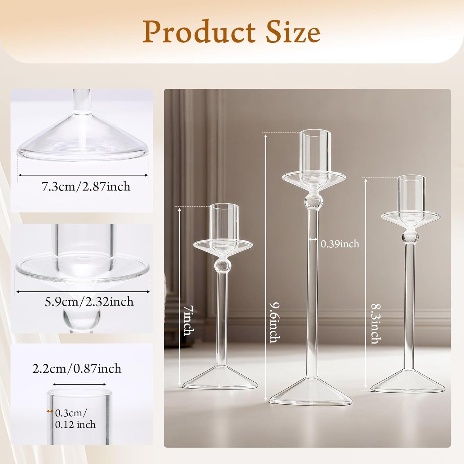 CHILL RECIPE Candle Holder Glass Taper Candlestick Holders with Built-in Candle Drip Protectors for Table Centerpiece Wedding Party (Clear 3Pcs)