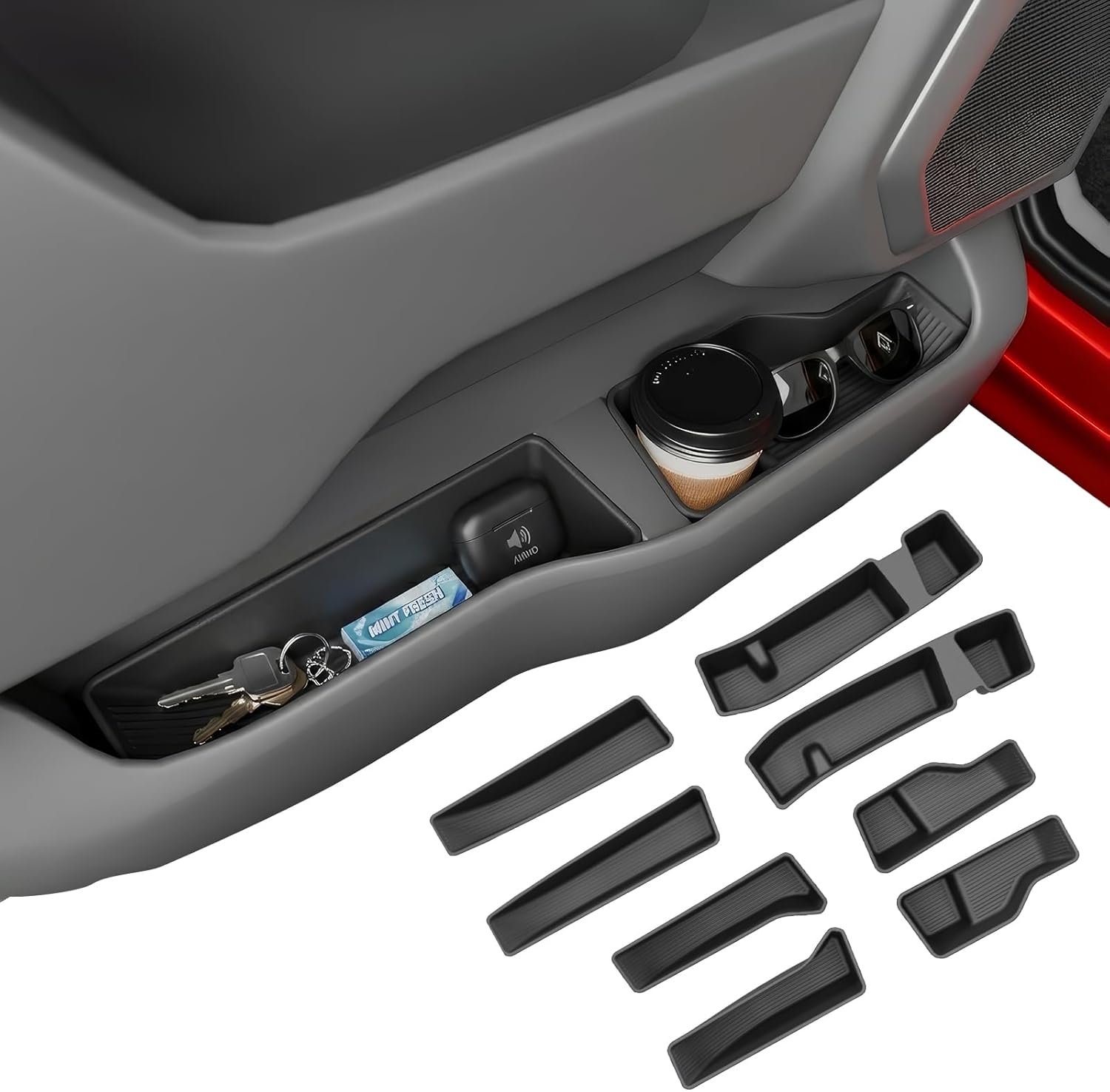 Door Side Storage Tray Compatible with 2021-2025 2026 Ford F150 SuperCrew Cab TPE Side Door Organizer Insert Box Car Side Phone Pocket for 2024 F-150 Accessories (Front & Rear 8PCS)