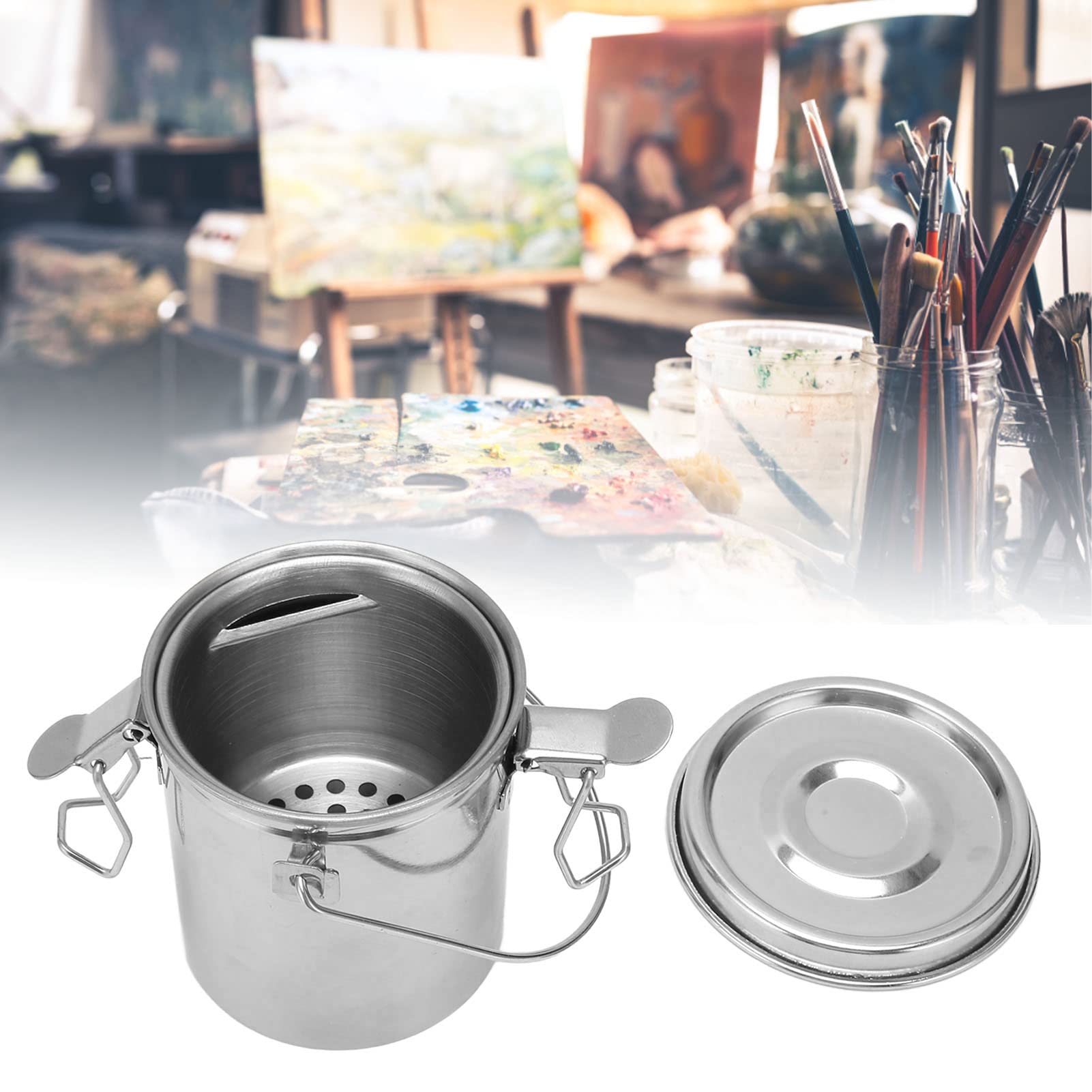Secchio per Lavaggio Pennelli in Acciaio Inox, Portatile con Coperchio Ermetico e Filtro Rimovibile, Anti-Perdite per Studio d'Arte e Pittura a Olio