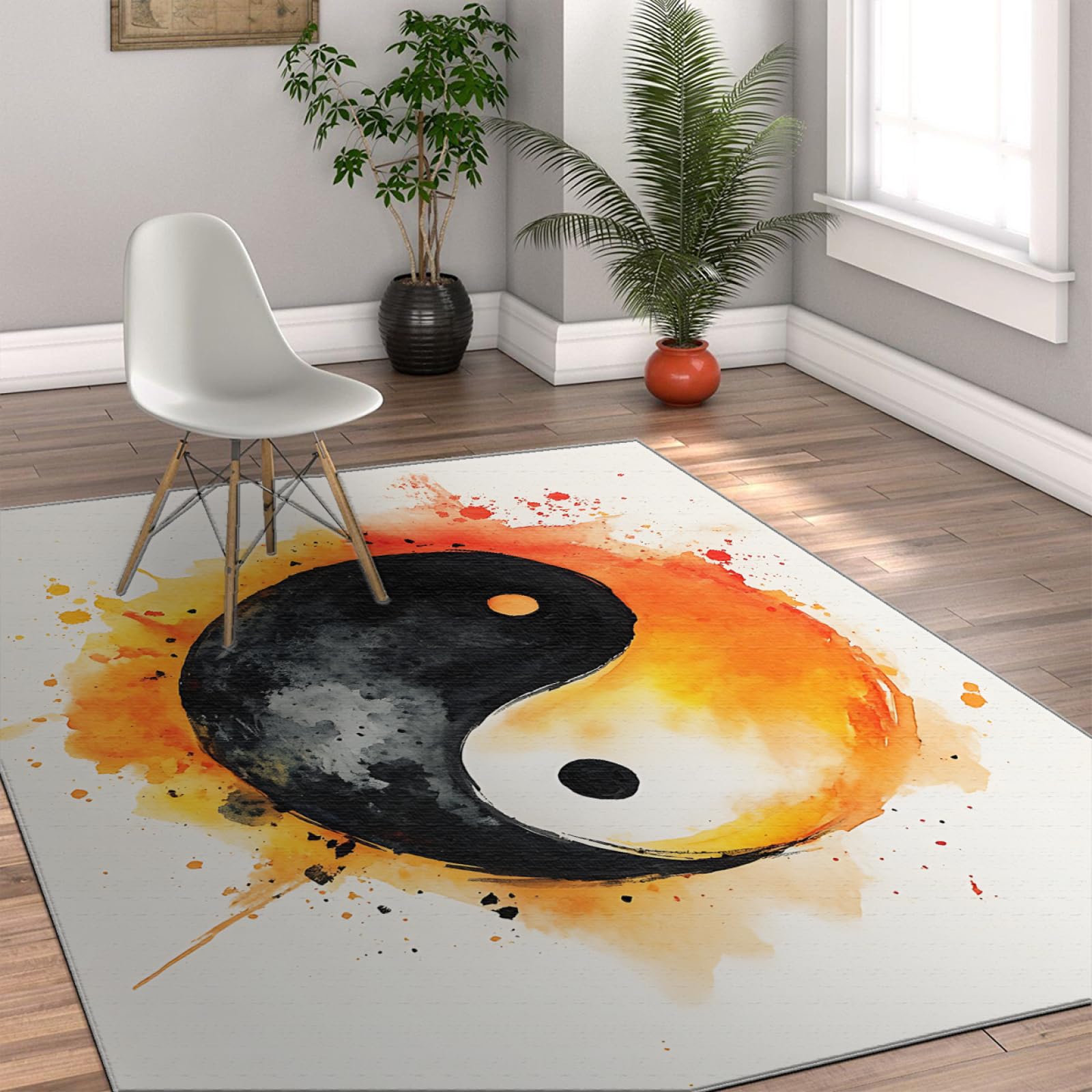 Tapis de méditation Modernes avec Symbole Yin Yang à Poils Ras Facile d’Entretien Tapis inspiré de l’Aquarelle pour Salle de méditation ou Style décor taoïste 160x230cm