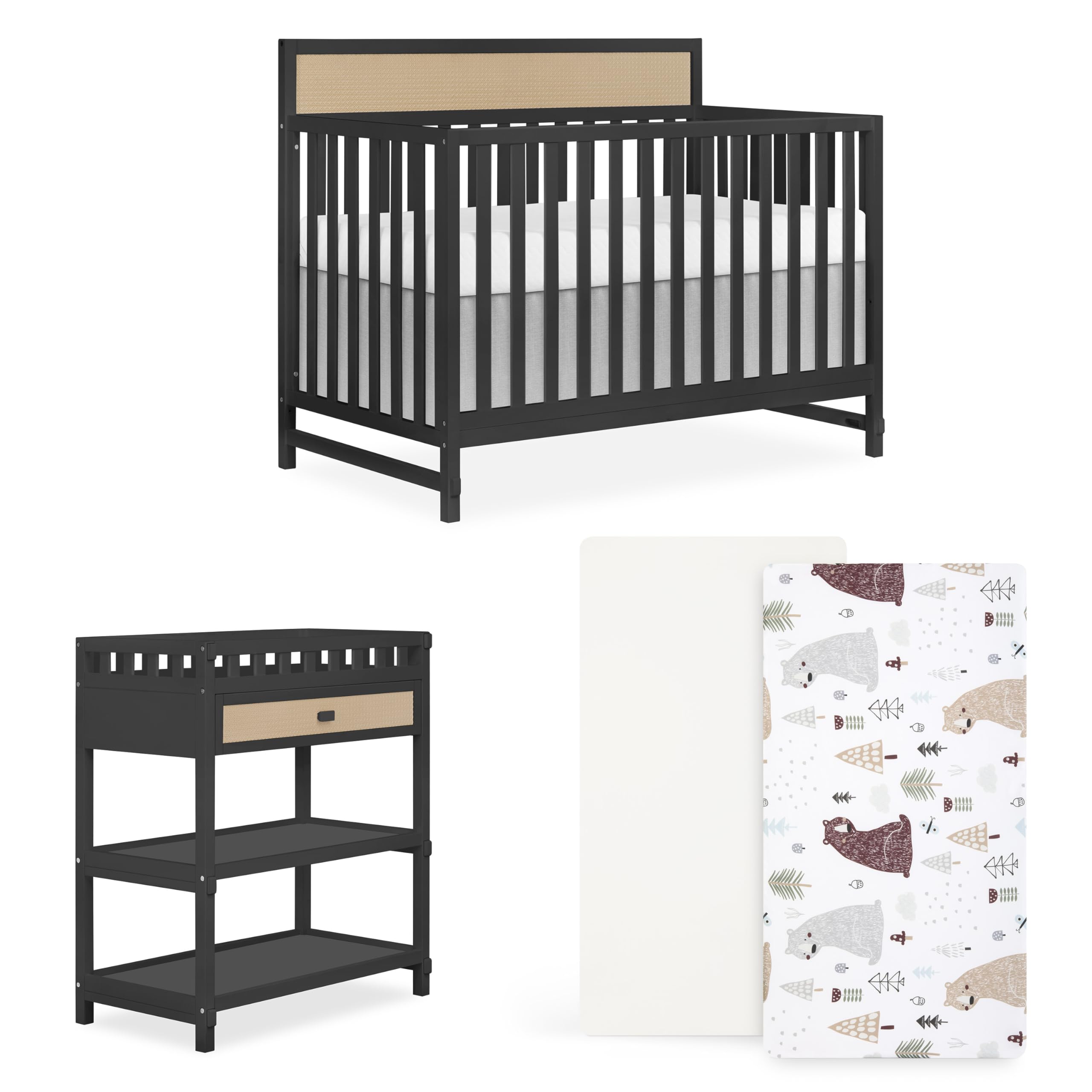 Dream On Me Bear Basics Bundle, Includes Kai Convertible Crib, Grizzly Bear 2-Piece Sheet Set and Complementary Doula Changing Table