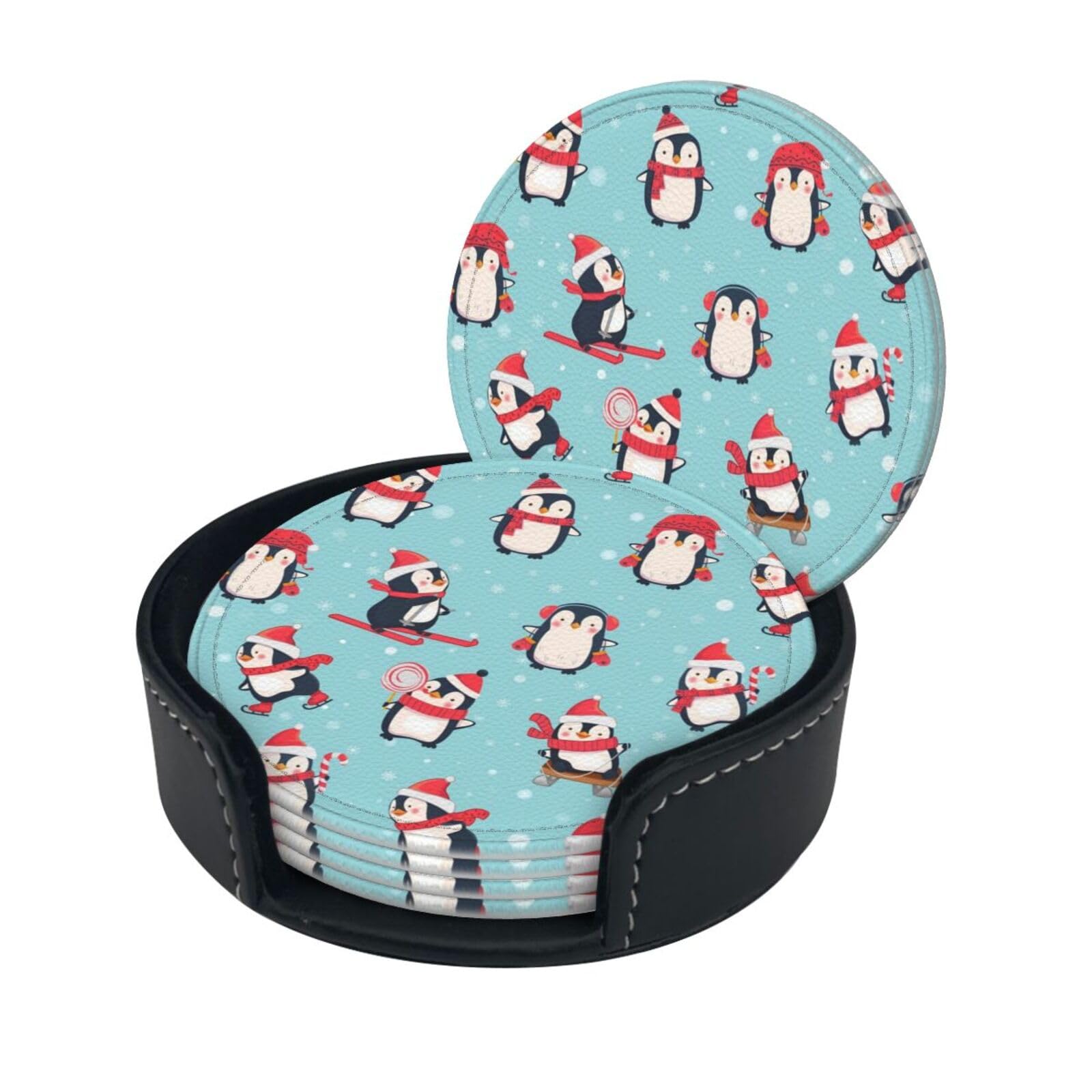 Sefzcxdn White Winter Christmas Penguins Print Leather Coasters For Drinks With Holder Set Of 6, Drink Coasters For Cups Mugs Home Decoration