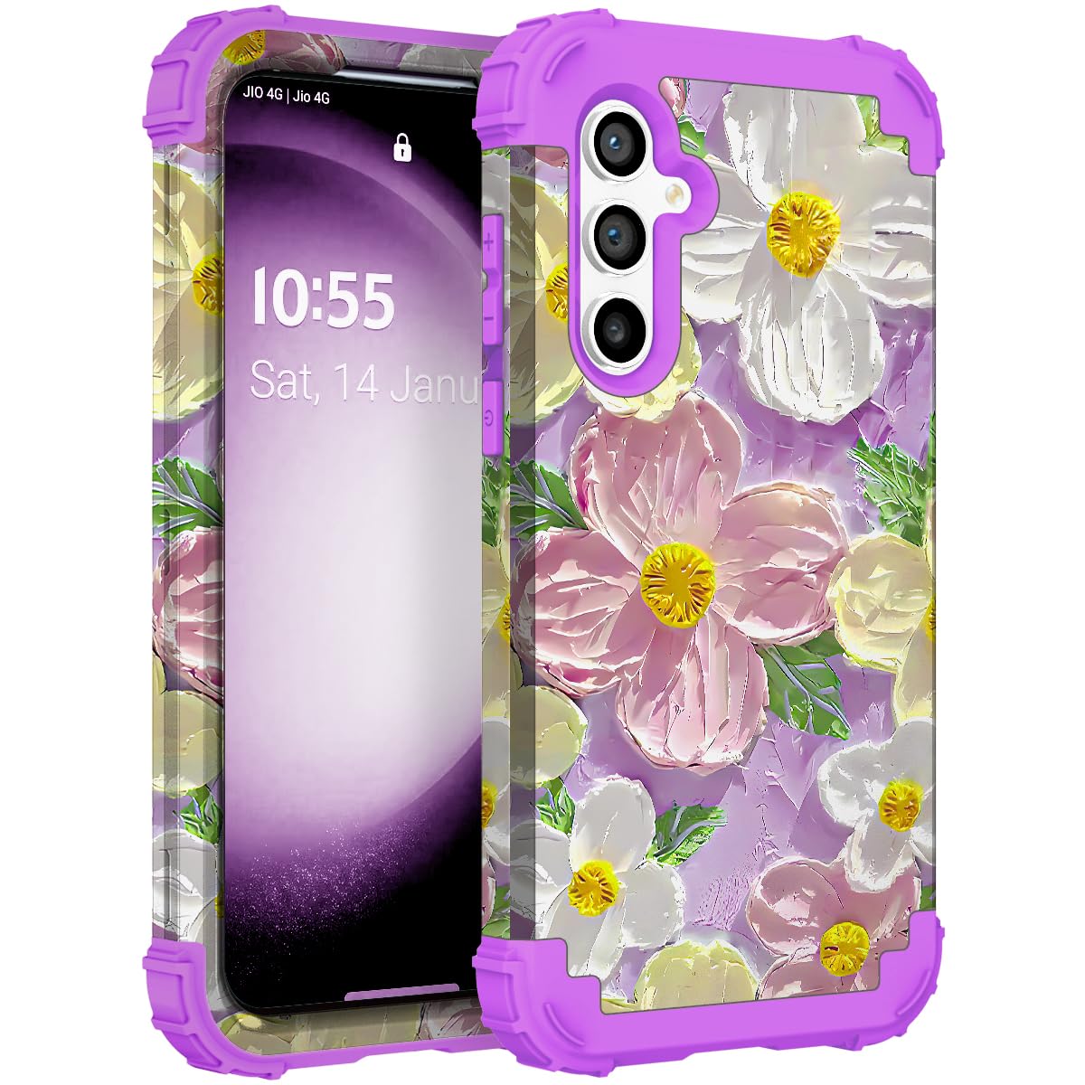 SleekCover for Galaxy S24 Case,3 in 1 Oil Painting Flower Pattern Heavy Duty Shockproof Protection Silicone Rubber Bumper+Hard Plastic Hybrid