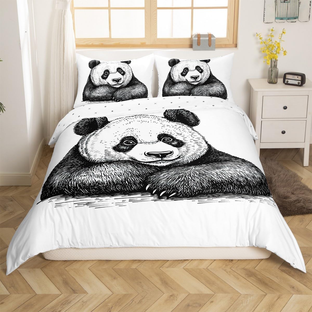 jejeloiu Panda Duvet Cover for Boys Girls Toddler Size Cute Cartoon Panda Bedding Set Ultra Soft Cute Animal Comforter Cover Set Black White Bedspread Cover Room Decor Panda Bear Printed,No Comforter
