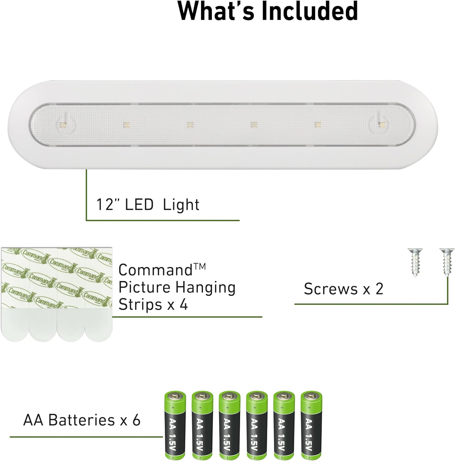 Diagram showing the included components: 12-inch LED light bar, 6 AA batteries, 4 Command strips, and 2 screws.