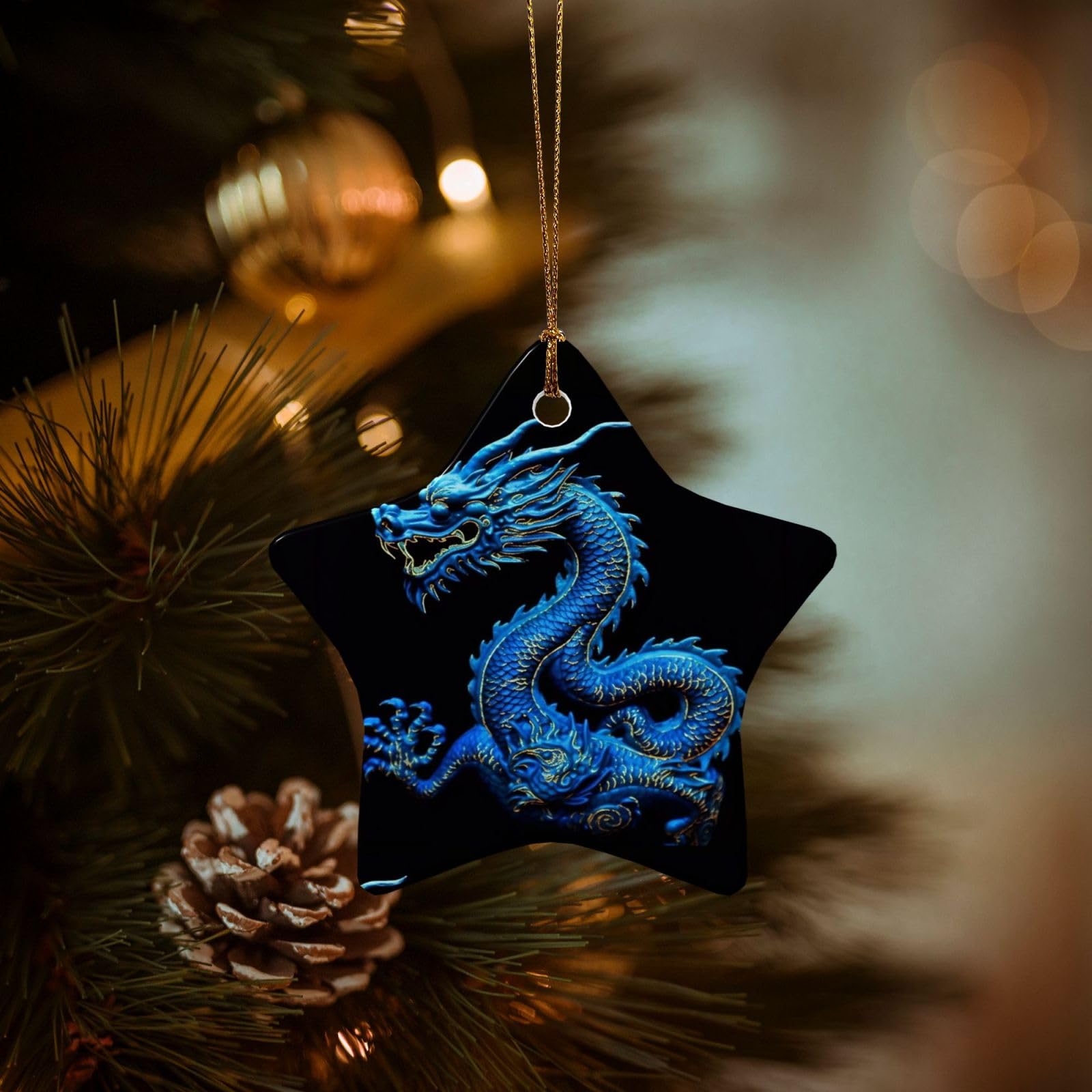 Christmas Ornaments for Christmas Tree Decoration Hanging Blue Chinese Dragon Ornament with Gold Ribbon Crafts Star Shape Ceramic Pendant for Keepsake Gifts Xmas Decor Party Supplies