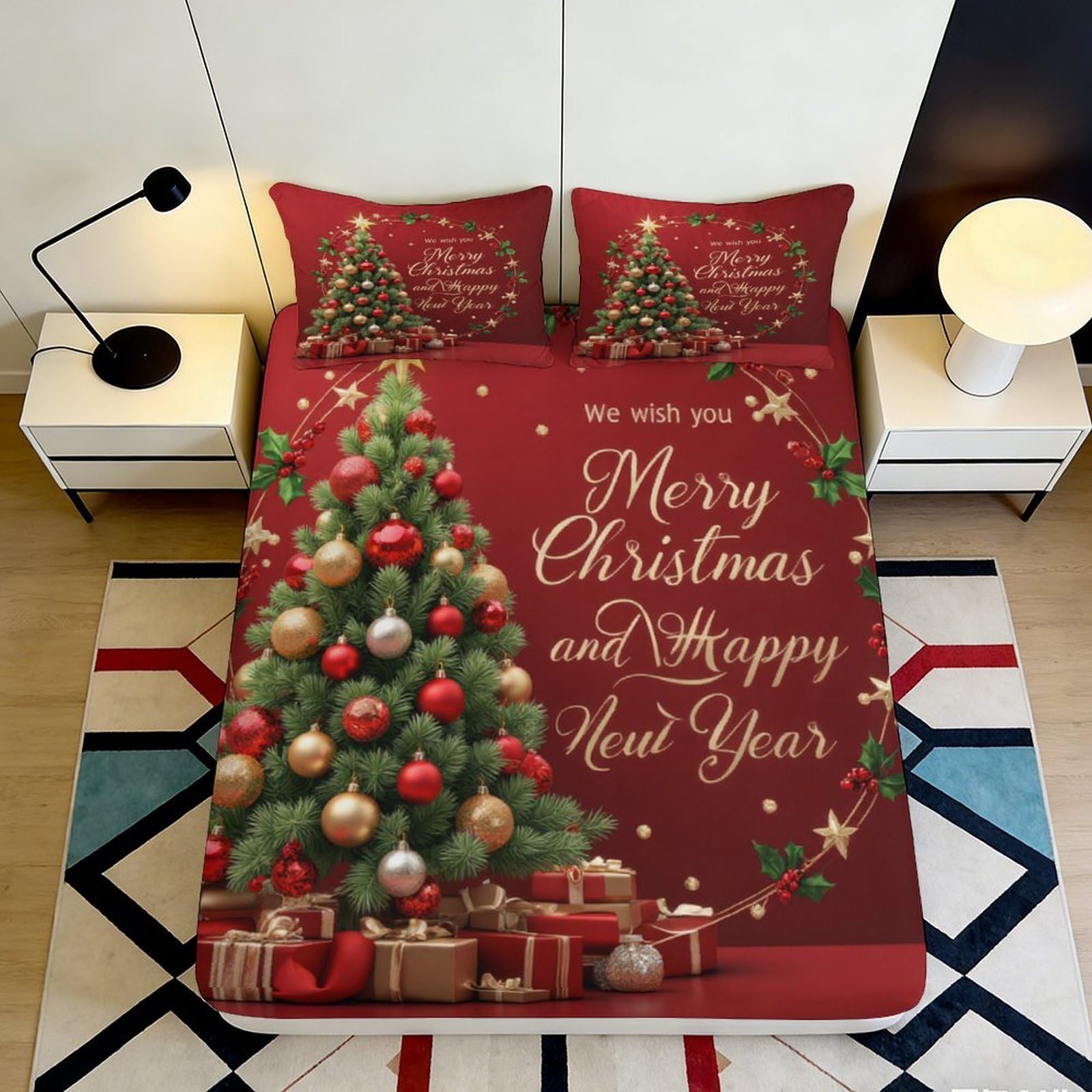 3D Printed Christmas Tree Fitted Sheet Microfiber Red Festive Holiday Bed Cover for Bedroom Guest Room Dorm 90x200x25cm