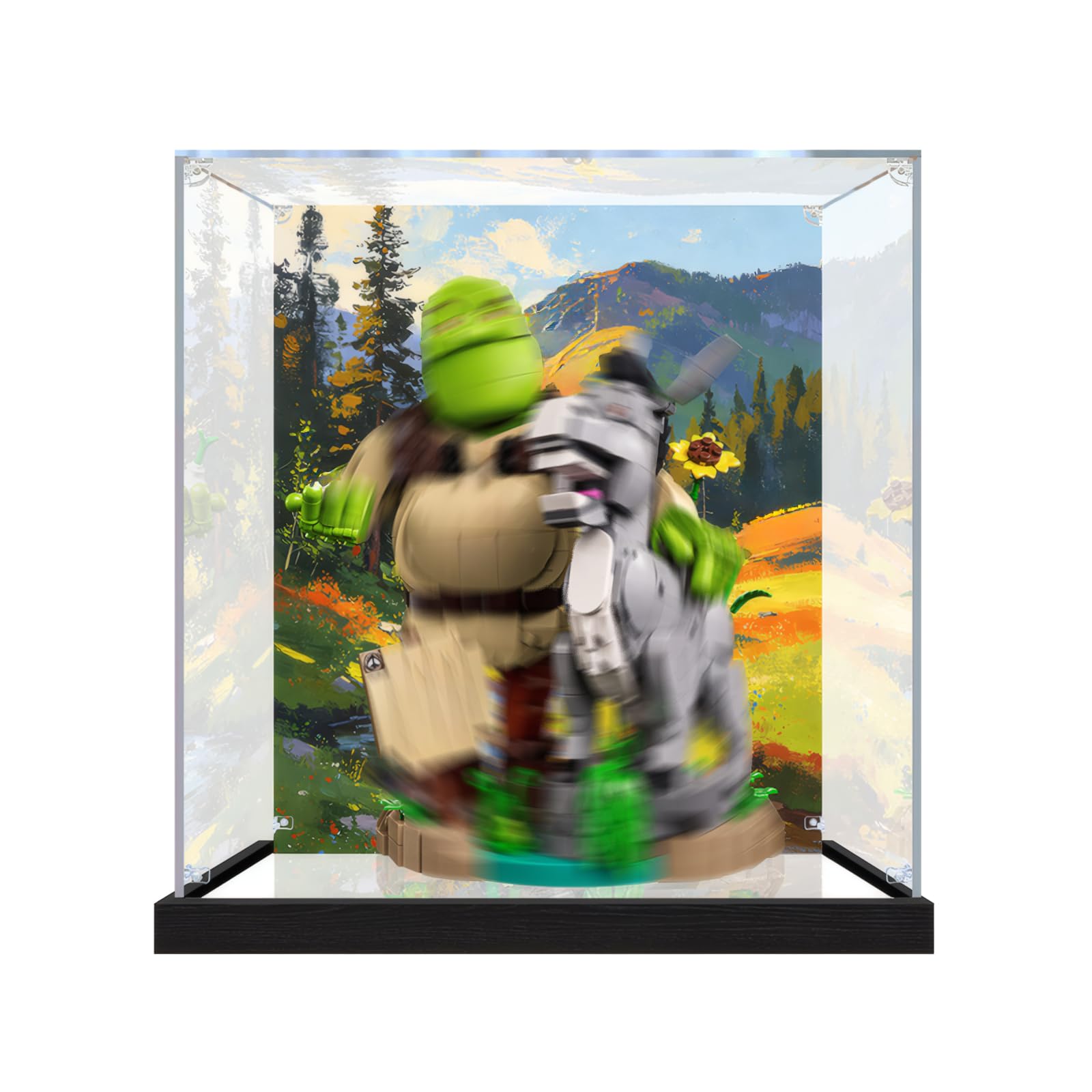 Acrylic Display Box Compatible with Lego 72423 Shrek, Donkey & Puss in Boots, Transparent Dustproof Storage Box (Model Not Included) (Background Build + Mirror)
