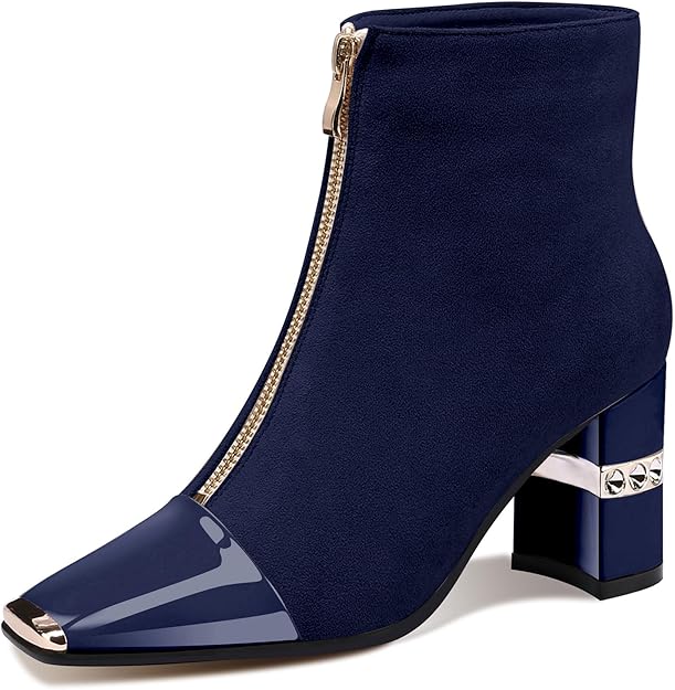 Amazon.com | XINIUNIU NAVY BLUE Boots for Women Ankle Booties Block Chunky Heels Metal Square Toe Suede Front Zipper 3 Inch Dressy Short Boot Size 8 | Ankle & Bootie