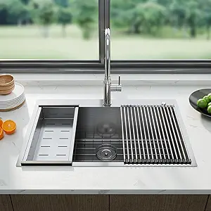 33 x 22 Drop-In Workstation Kitchen Sink – 16 Gauge Stainless Steel Topmount Sink, 10" Deep Single Bowl & 5 Accessories
