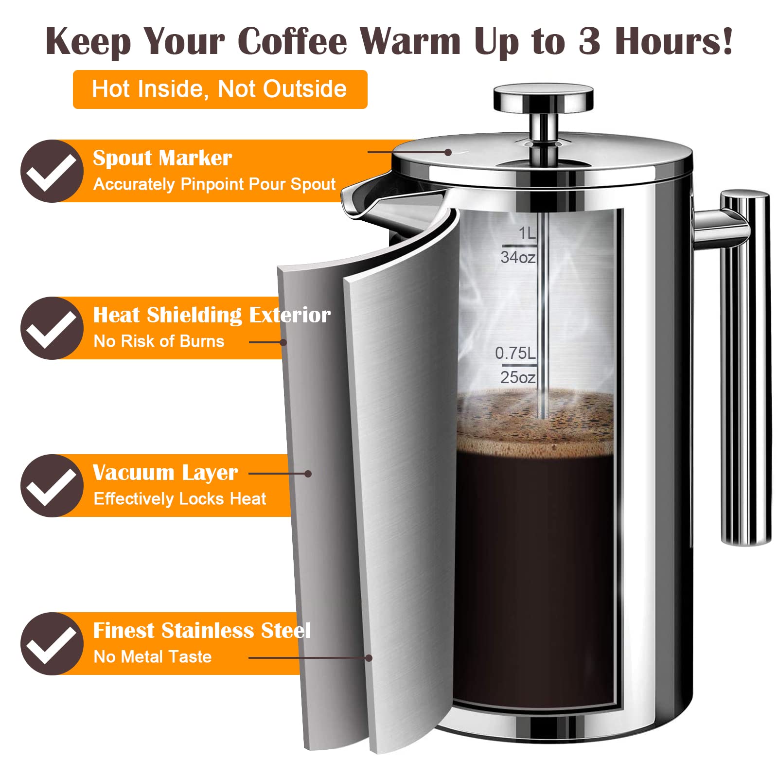 LANTE Cafetera de prensa francesa, cafetera de acero inoxidable 304 con doble aislamiento, sistema de filtración de 4 niveles, sin café molido, sin óxido, apta para lavavajillas