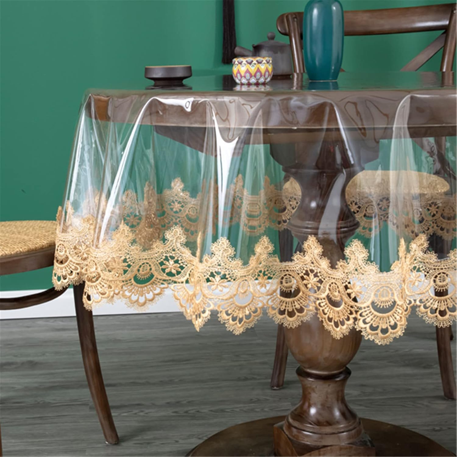 Jeloris Plastic Clear Round Tablecloth Vinyl PVC Waterproof Tablecloth Embroidered Lace Edge Transparent Table Cover for Kitchen Dining Coffee Table (Round 60 inch, Brown)