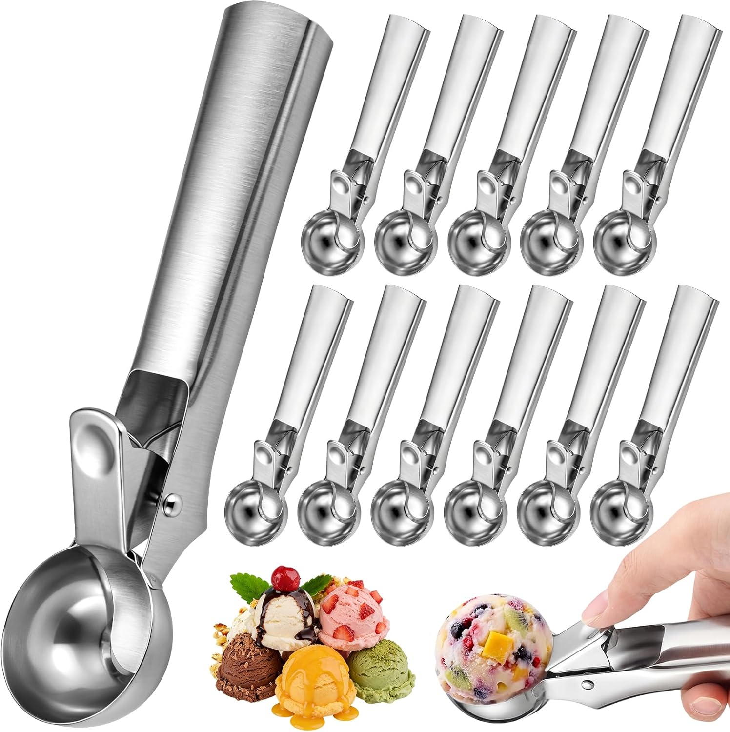 Hushee 12 Pcs Ice Cream Scoop Bulk Stainless Steel Ice Cream Scooper with Trigger Heavy Duty Trigger Release Icecream Cookie Dough Scoop Spoons Dishwasher Safe for Frozen Yogurt Muffin DIY(1.77 Inch)