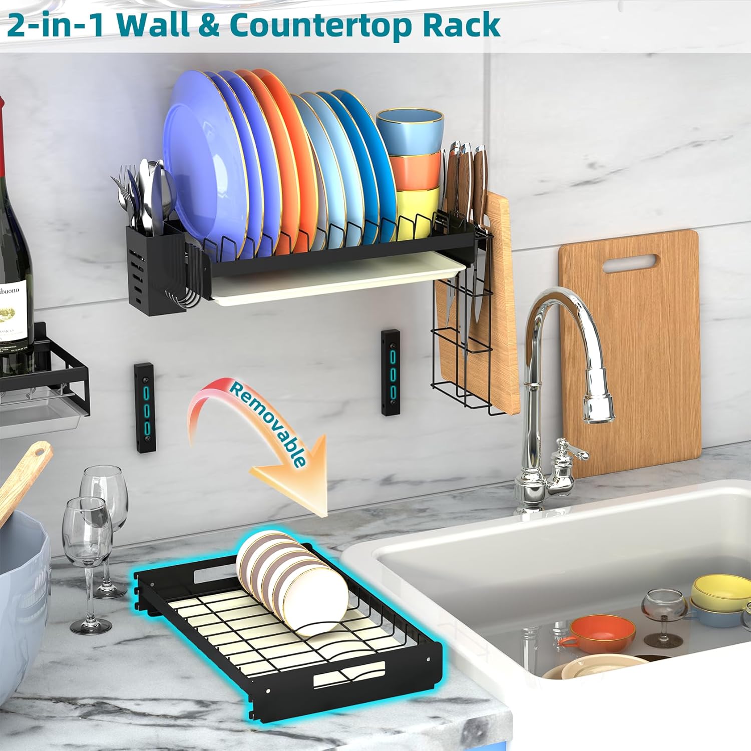 Hanging Wall Mounted Dish Drying Rack Set with Detachable & Removable Layer*2, Hook*4, Drain Tray*2, Apartment & RV Wall Mounted Dish Rack, Adhesive Mountable, Length: 15.9", Washable (Black)