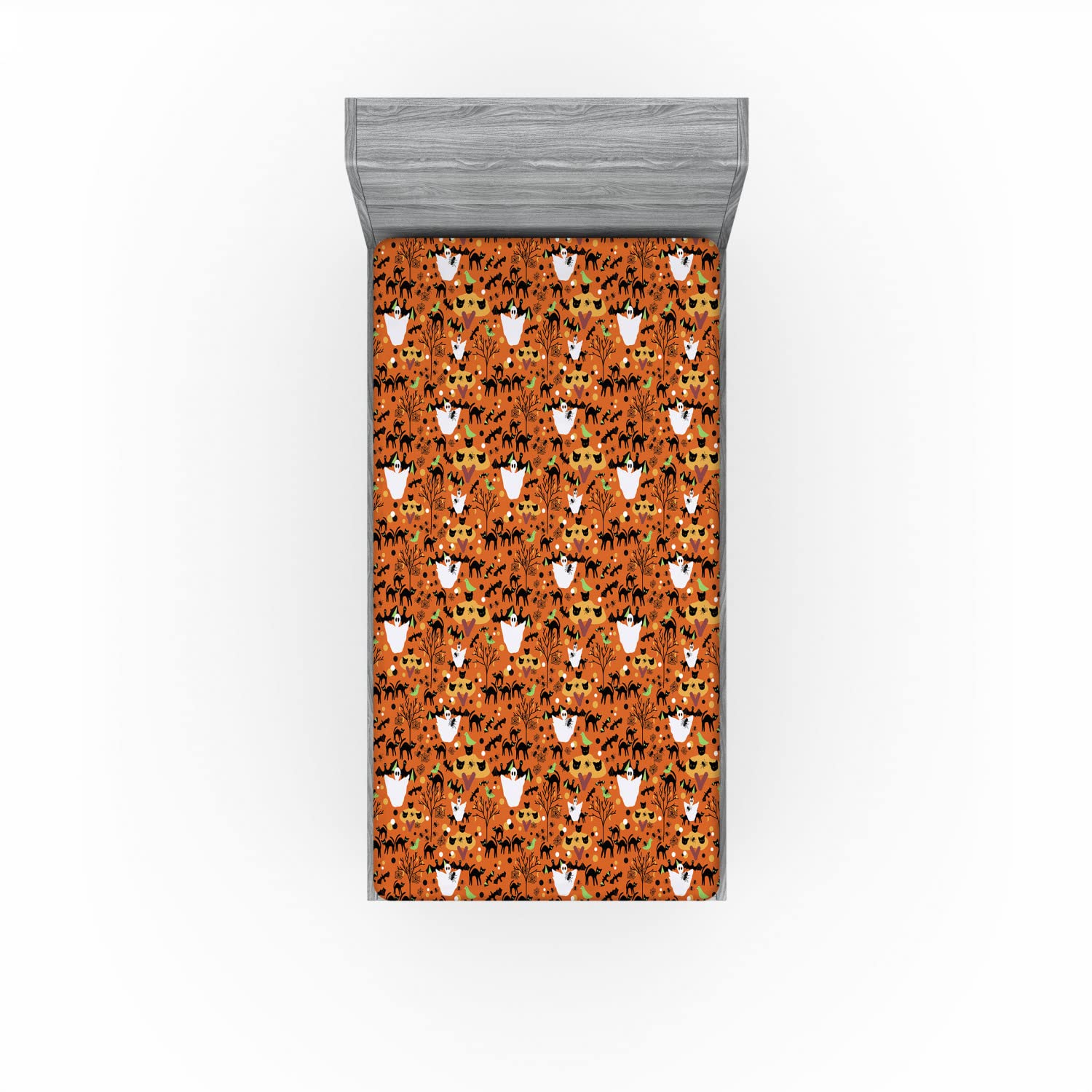 Ambesonne Halloween 2 Pack Fitted Sheet, Ghost Cats Bats Spiders, Bed Cover All-Round Elastic Deep Pockets 2 Pieces, Package Contains 2 Twin Size Fitted Sheets, Burnt Orange Burnt Orange