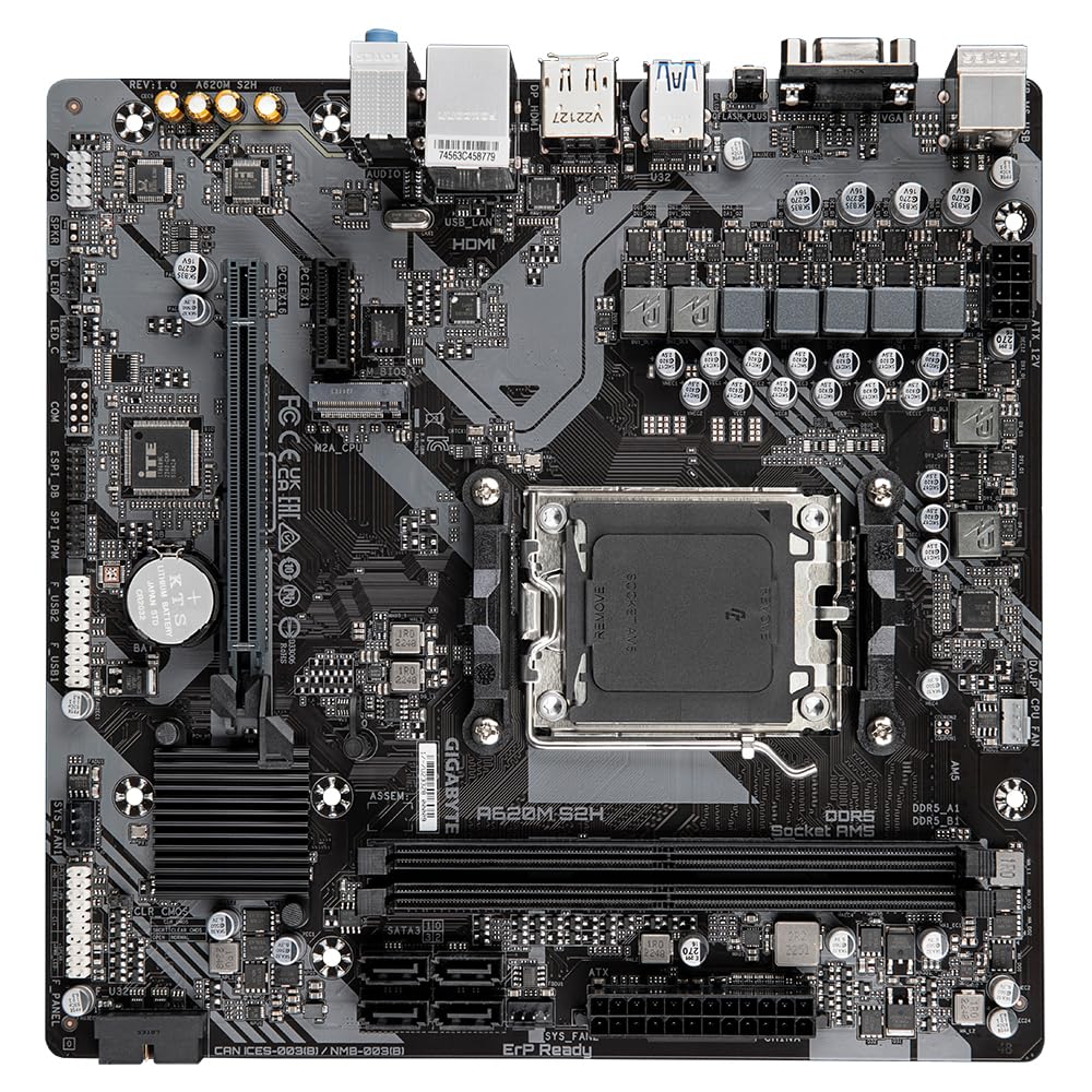 GIGABYTE A620M S2H Scheda madre - Supporta CPU AMD Ryzen 8000, VRM digitale 5+2+2 fasi, fino a 7200MHz DDR5 (OC), 1xPCIe 4.0 M.2, GbE LAN, USB 3.2 Gen 1