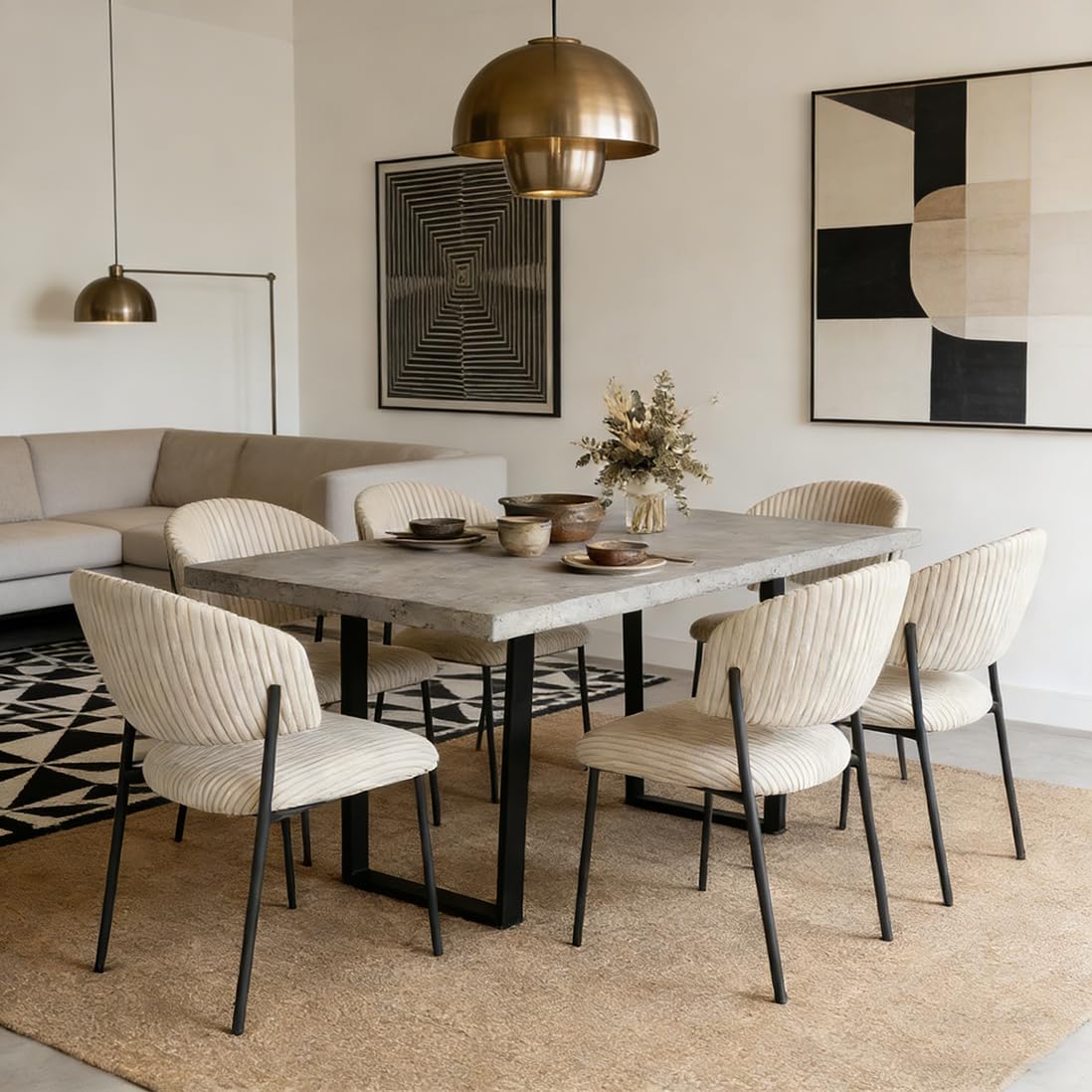 JIEXI Juego de 4 mesas de Comedor Extensibles de 130 x 170 cm, 4 sillas de Pana, Tablero Rectangular de MDF de Cemento, Estilo Moderno y contemporáneo para Comedor y Cocina