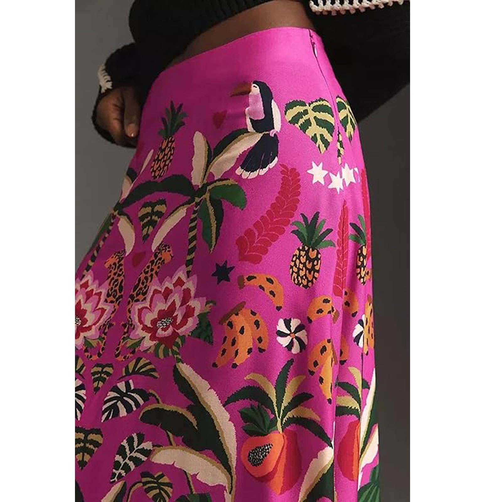Gonna midi da donna in raso con stampa tropicale floreale con cerniera a trapezio primavera estate boho gonna da viaggio, Rosso rosato, XX-Large