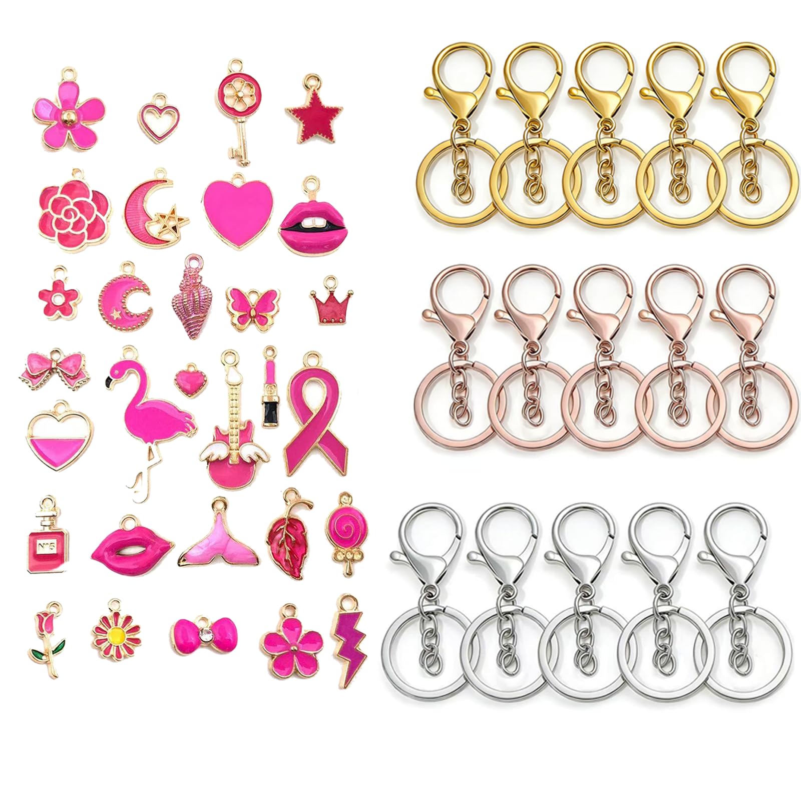 15er Schlüsselanhänger Set, Schlüsselringe Silber/Gold/Roségold, mit 30 Mini Rosa Anhänger, für DIY Basteln Lanyards Taschen Anhänger, Schmuck