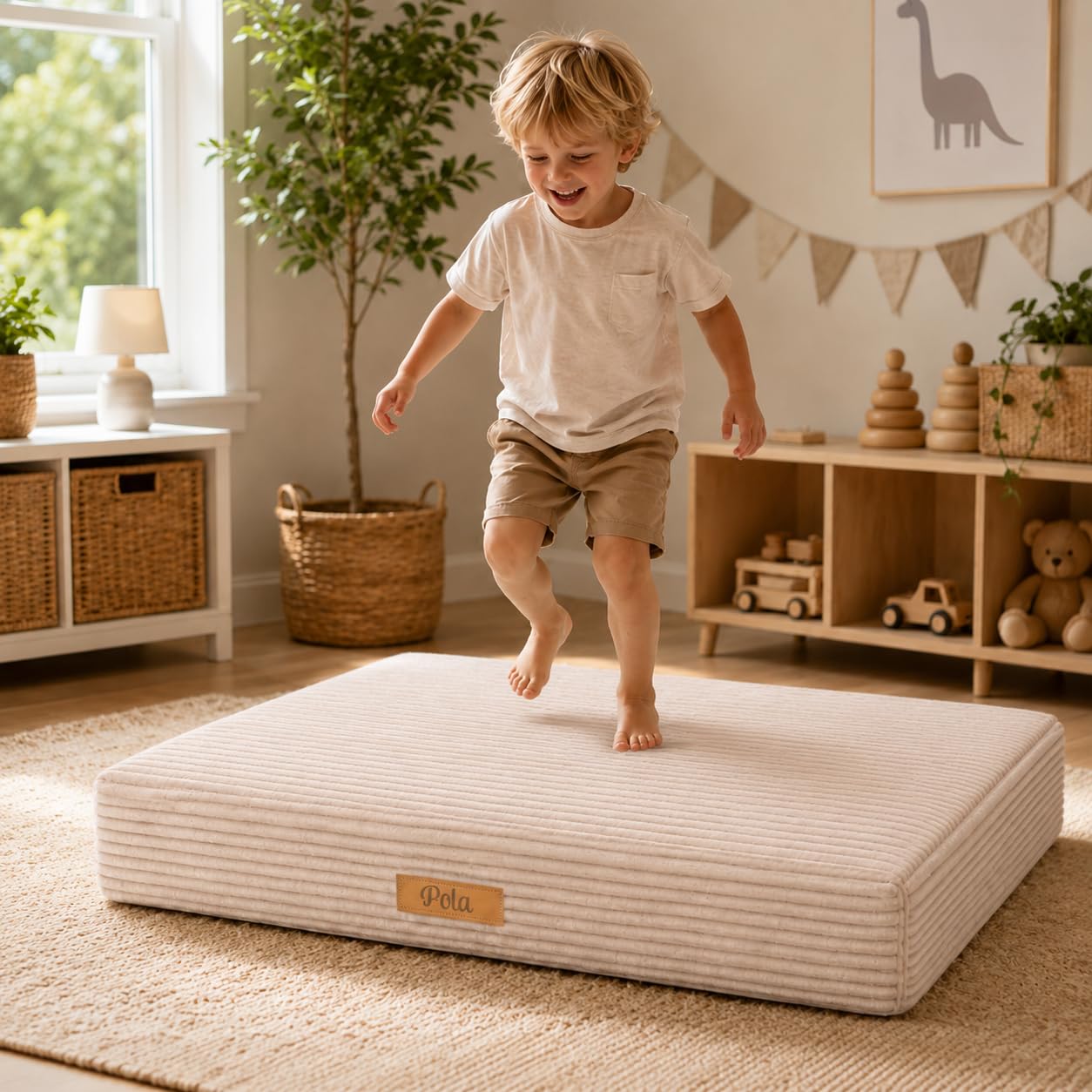 Flumi Hüpfpolster mit Namen, weiches Bodenkissen mit Cordbezug, Indoor Bewegungsmatte für Kinder, 110 x 71 x 15,5 cm (Beige)