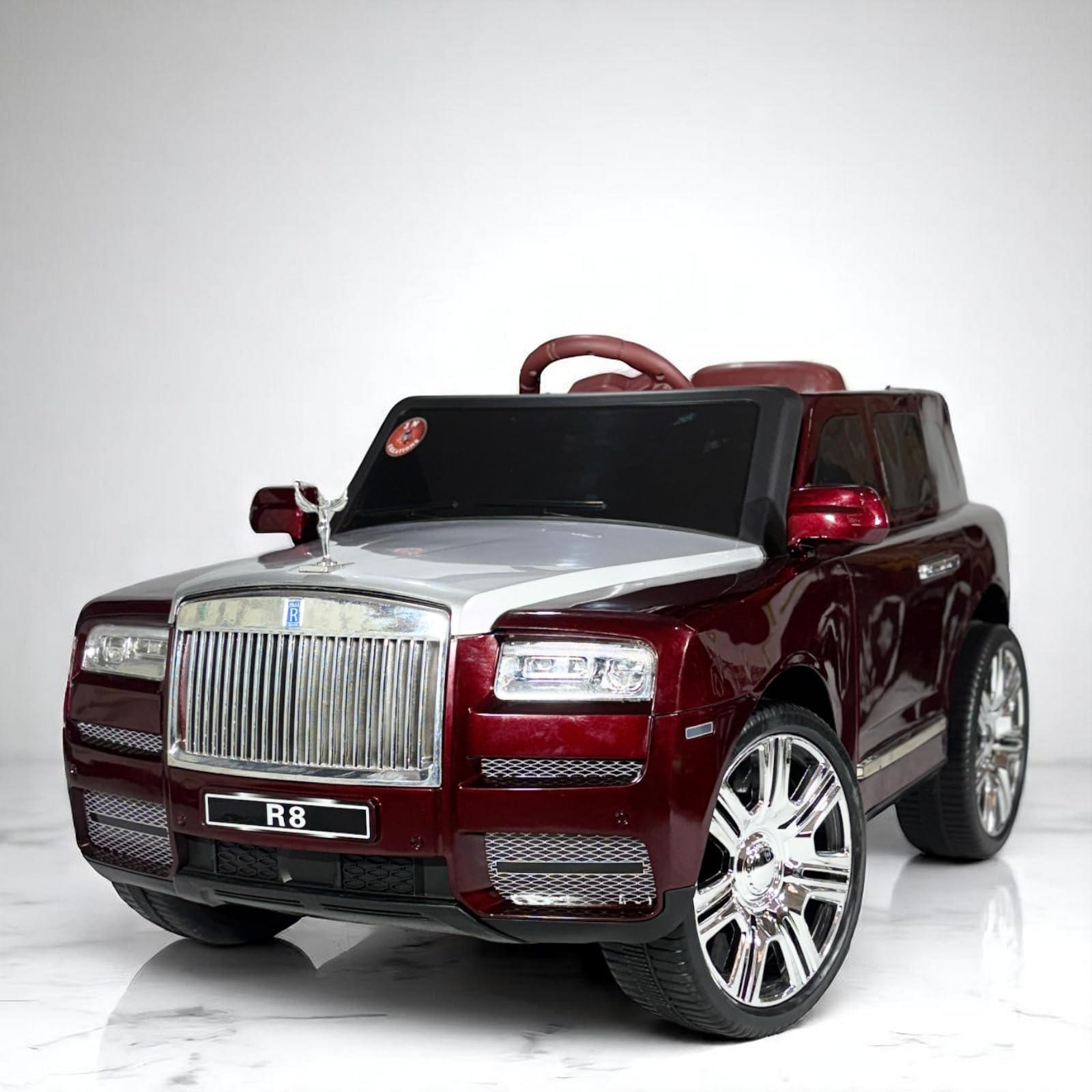 12V Battery Operated 4X4 Rolls Royce Ride On R8 Car for Kids with Remote Control (Silver-Red)