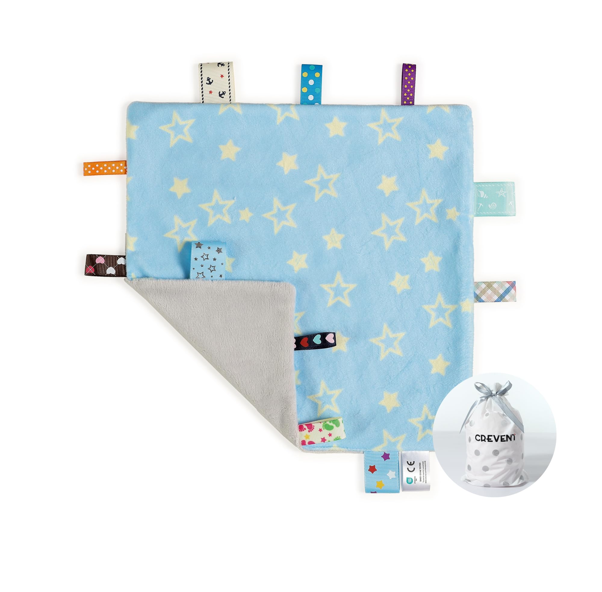 CREVENT Tag Security Blankets for Babies, Soft Small Loveys for Boys, Baby Comforter Sensory Blanket, Great Gifts for Birthday Baby Shower - 10"X10" Blue Star