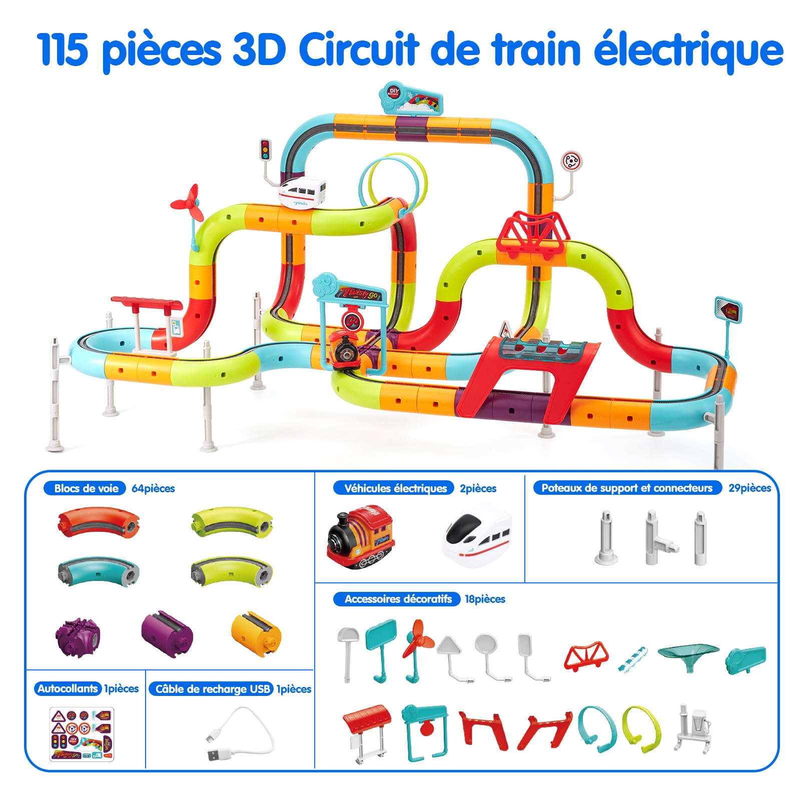 hahaland Train Électrique Enfant 3-8 Ans, 3D Circuit&2 Trains, 115 Pièces | Circuit Train Enfant, Anti-Gravité Train Enfant DIY à Assembler, Jouet Construction STEM Cadeau Garçon Fille 3 4 5 6 7 8 Ans