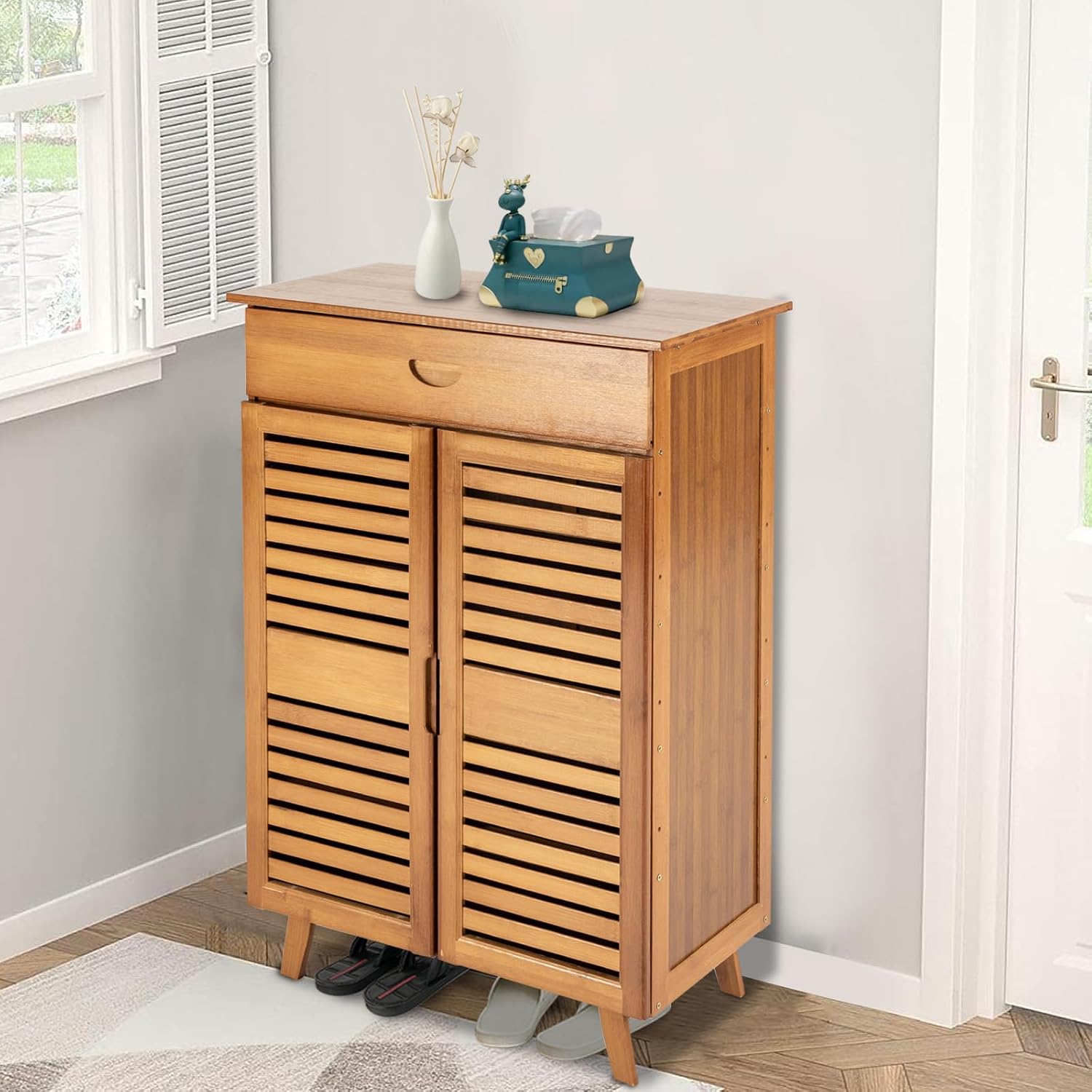 Bamboo Shoe Cabinet 4 Tiers Free Standing Storage Shelf Organizer,Door Shoe Organizer with 2 Doors and 1 Drawer for Bedroom, Living Room, Bathroom, Kitchen, Entryway Hallway